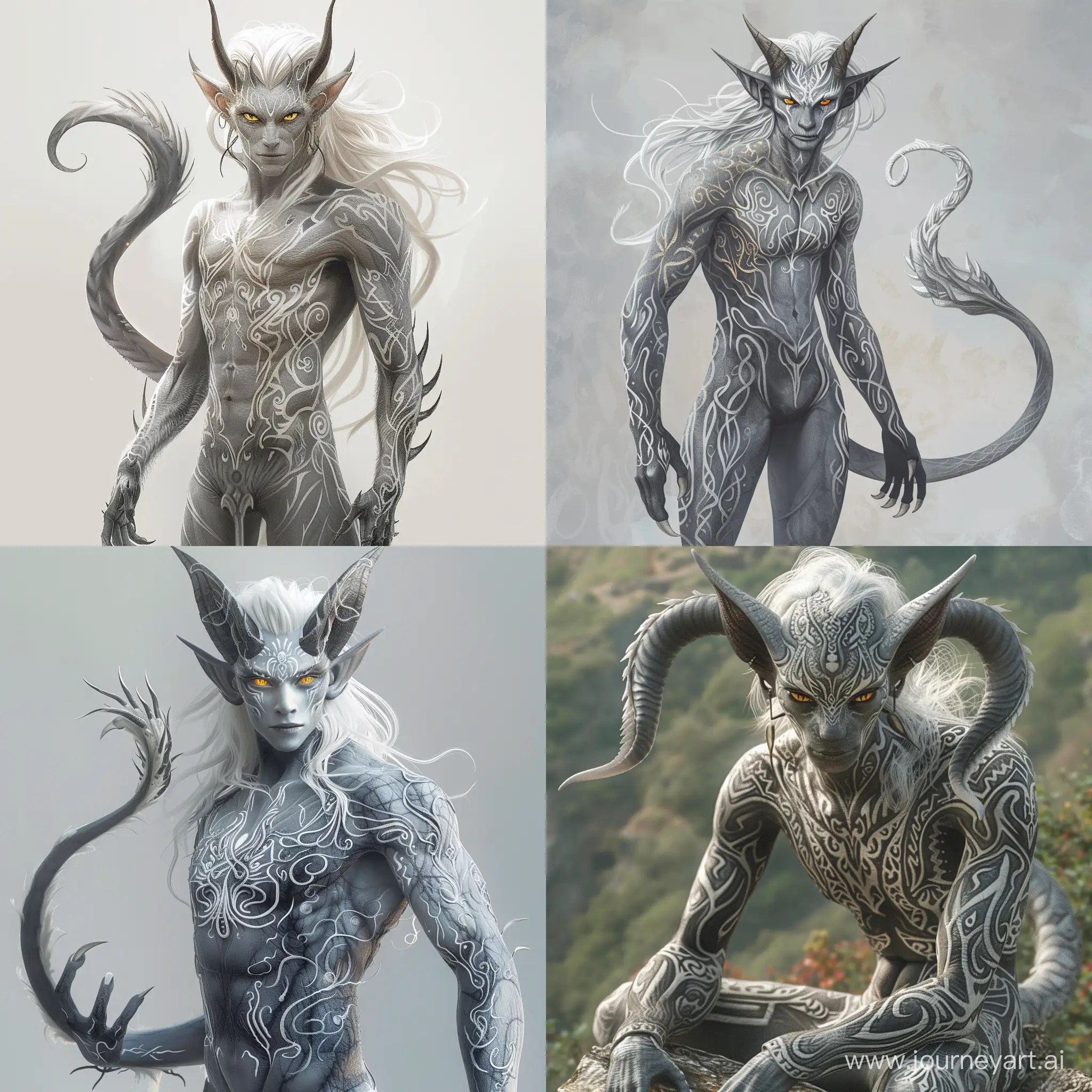 Male humanoid with androgynous, slender body. Grey skin. White intricate markings. Long pointy ears. Bright yellow eyes with slitted pupils. Curvy smooth horns. White wavy hair. Long grey tail. Hands and legs with claws..