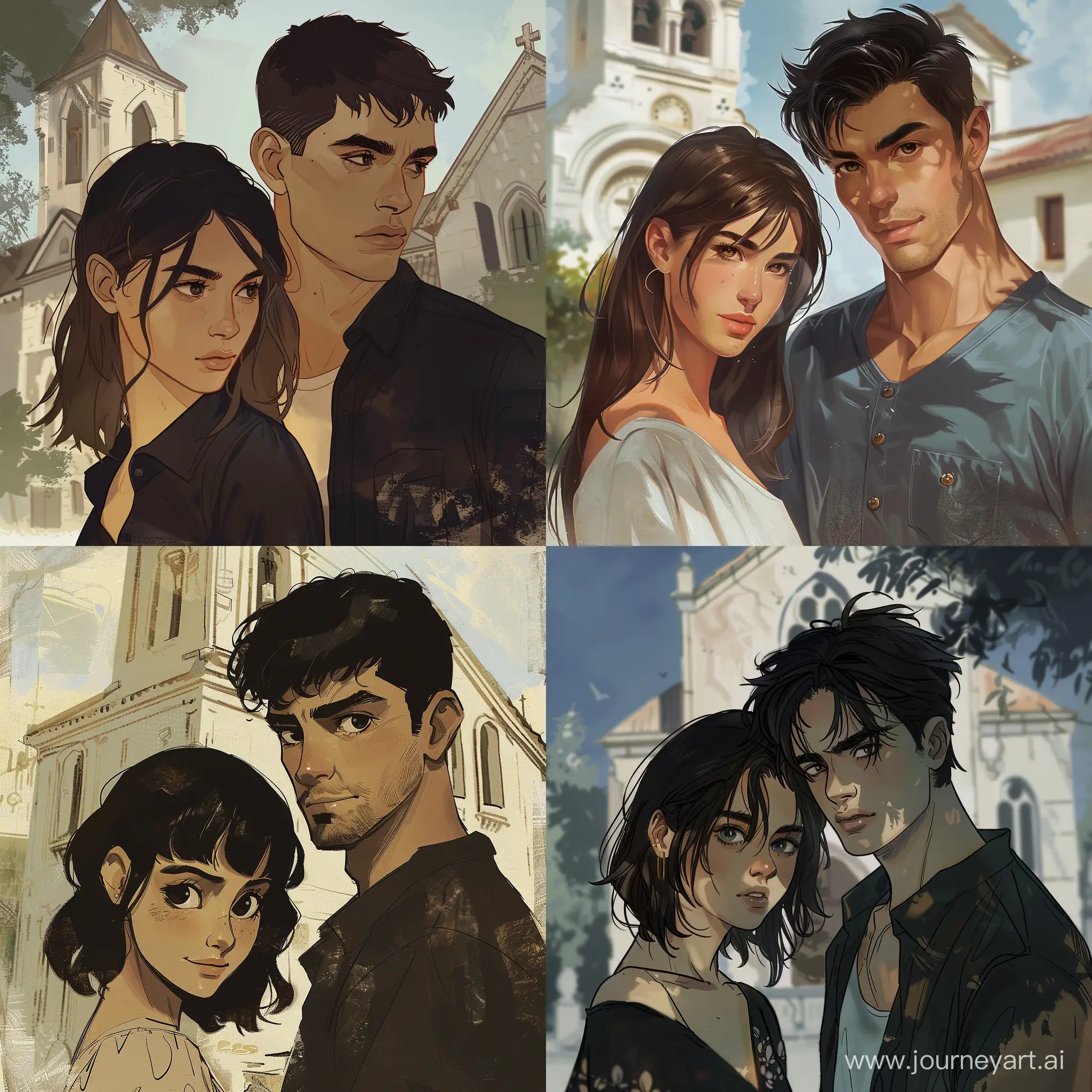 a sweet girl of about 18 and a guy of about 25, he has dark hair and he has a very short haircut. they are standing near the church. in the art style