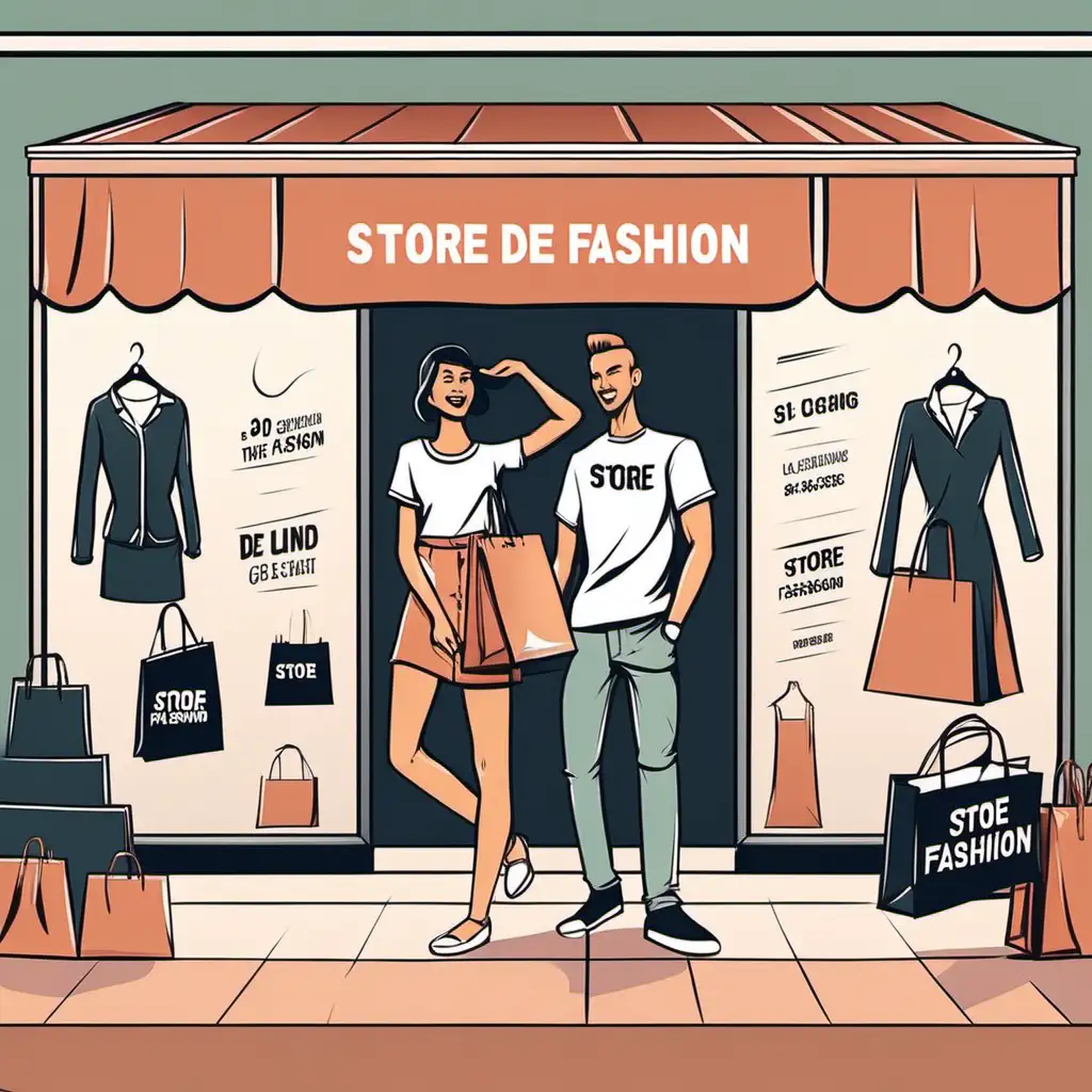 Cartoon Couple with Shopping Bags at Store de Fashion