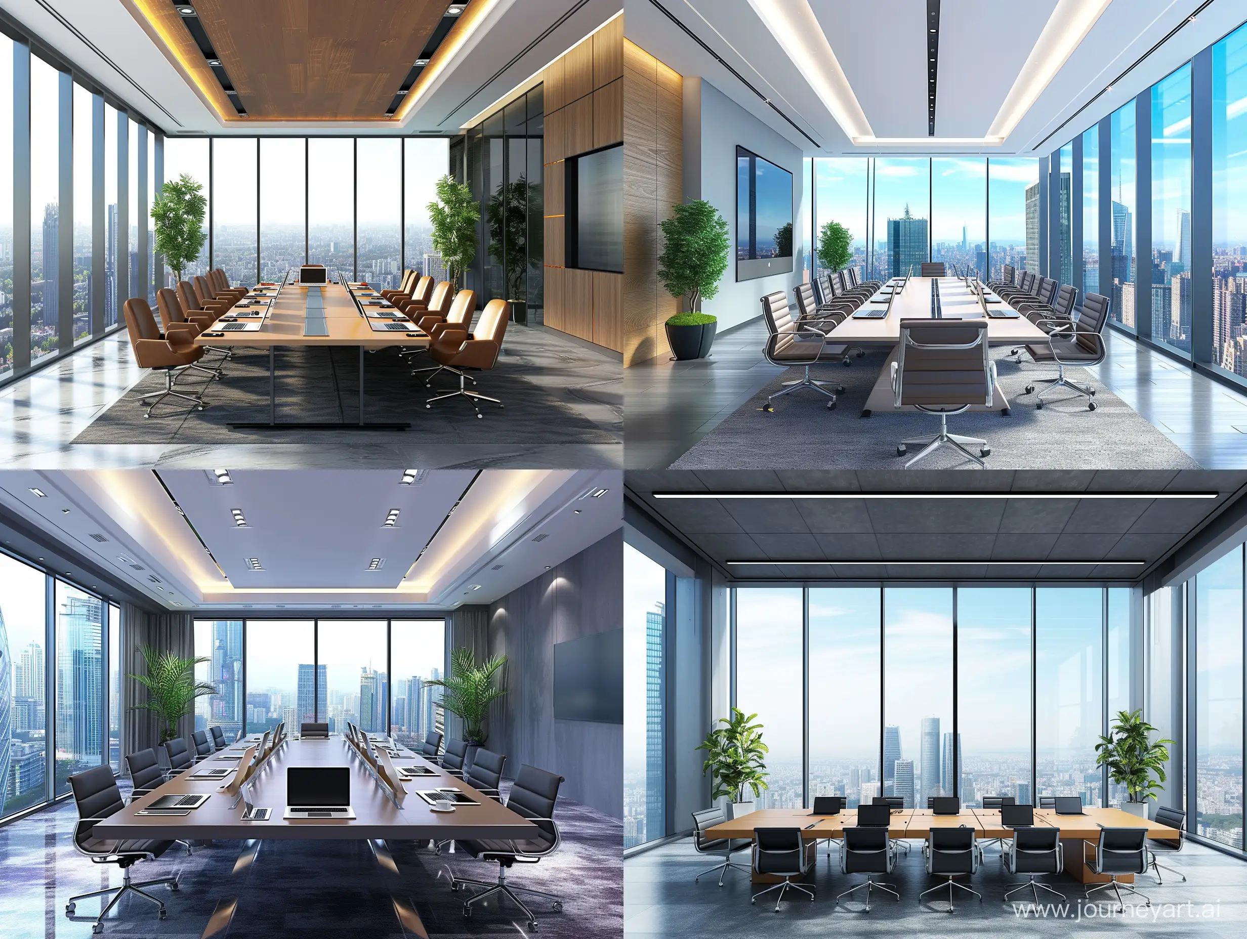 Modern conference room with furniture, laptops, large windows and 3D Render city view 