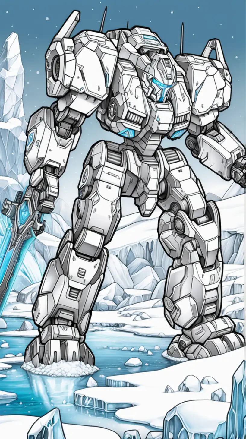 Mechs battling in a frozen tundra with icebergs and snow-covered landscapes, low detail, coloring book for children, thick lines, no shading, simple, black and white