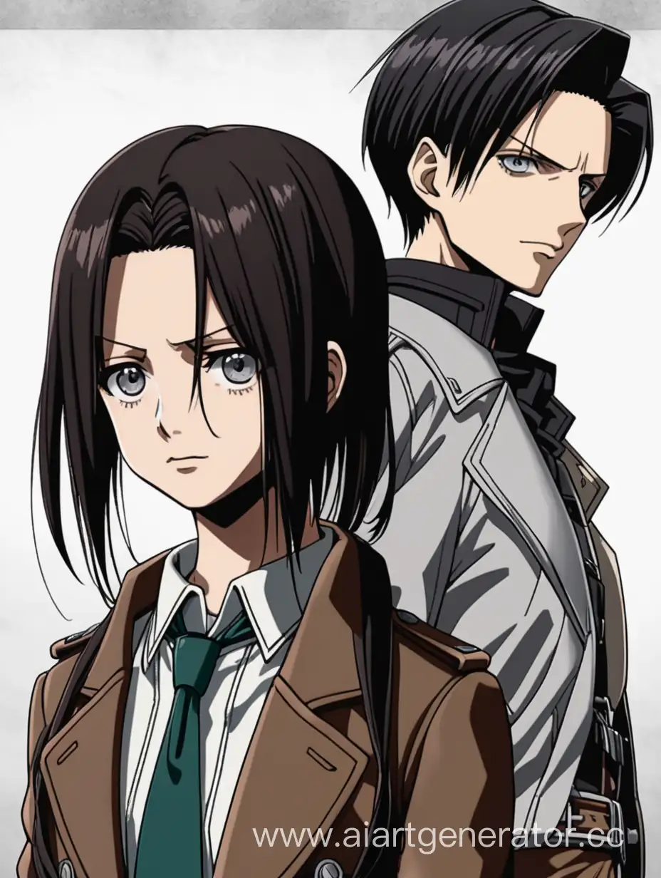 A girl with dark hair and gray eyes. Standing next to Levi Ackerman