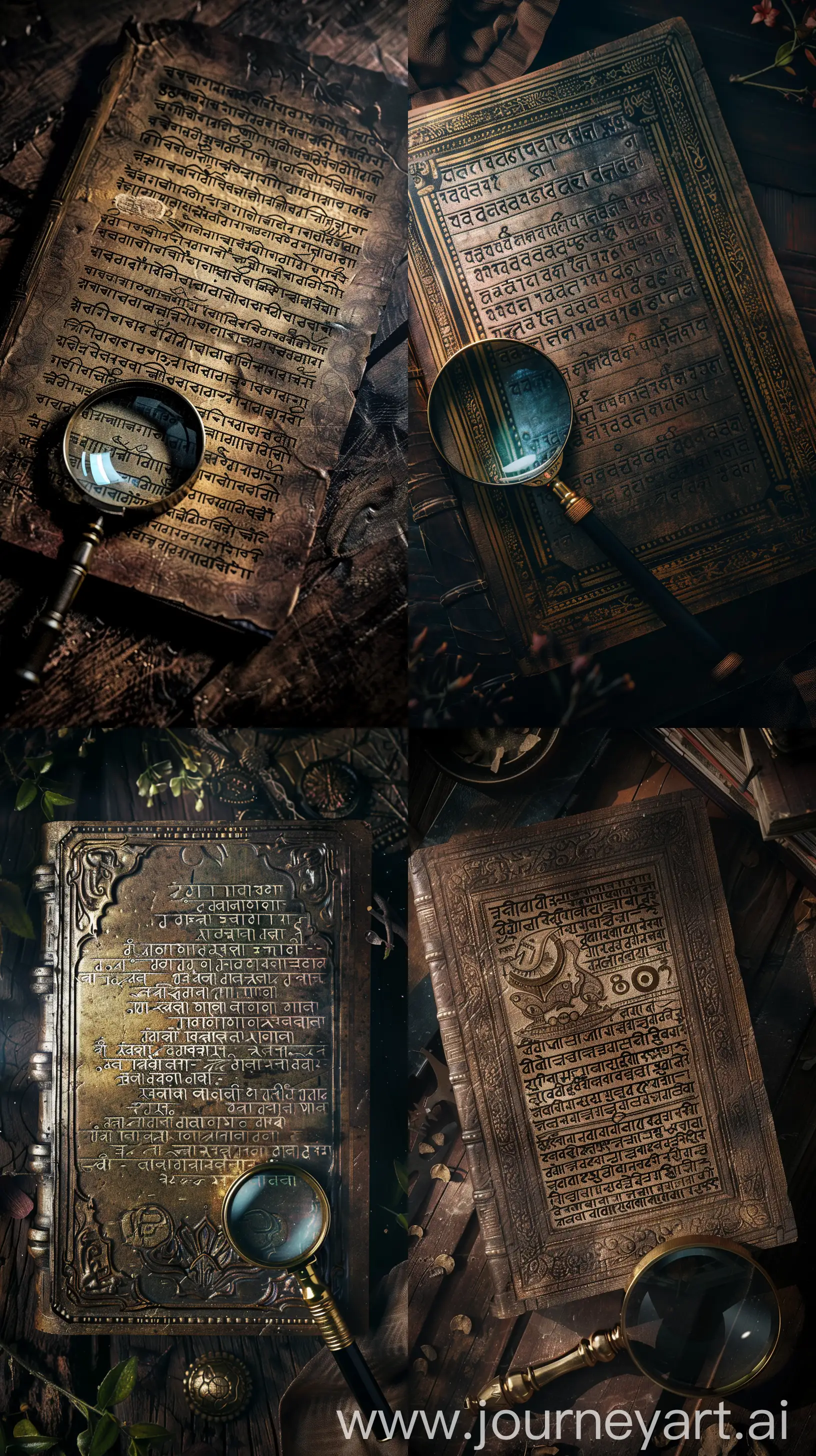 Images depicting an ancient Indian book inscribed in Sanskrit, magnifying glass besides it, intricate details, 8k quality, cinematic ambient lighting --ar 9:16