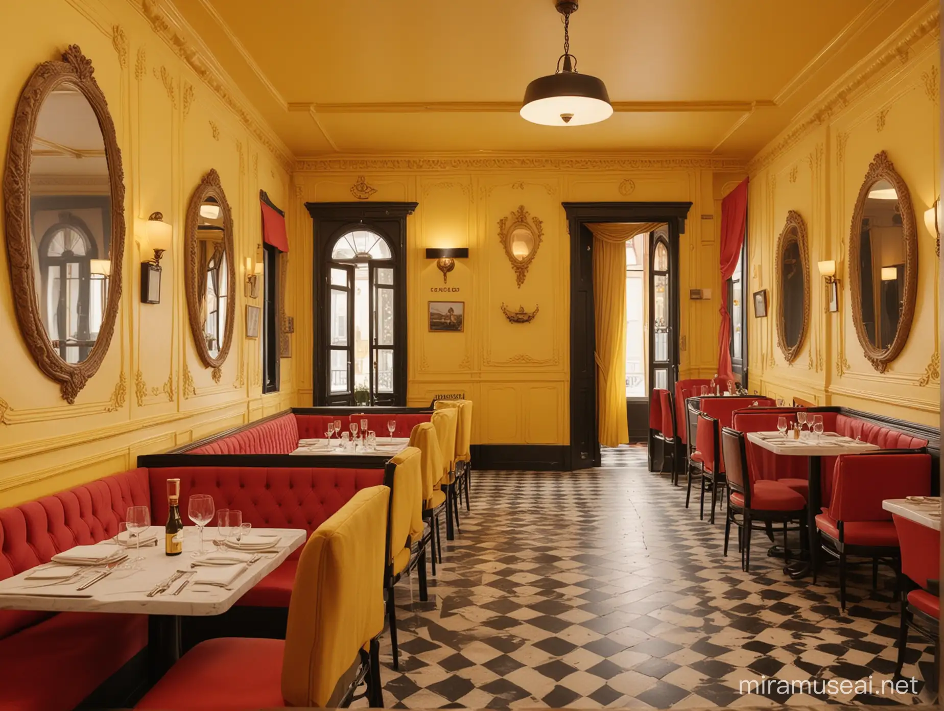 wes anderson style fancy French restaurant with yellow and red and black 