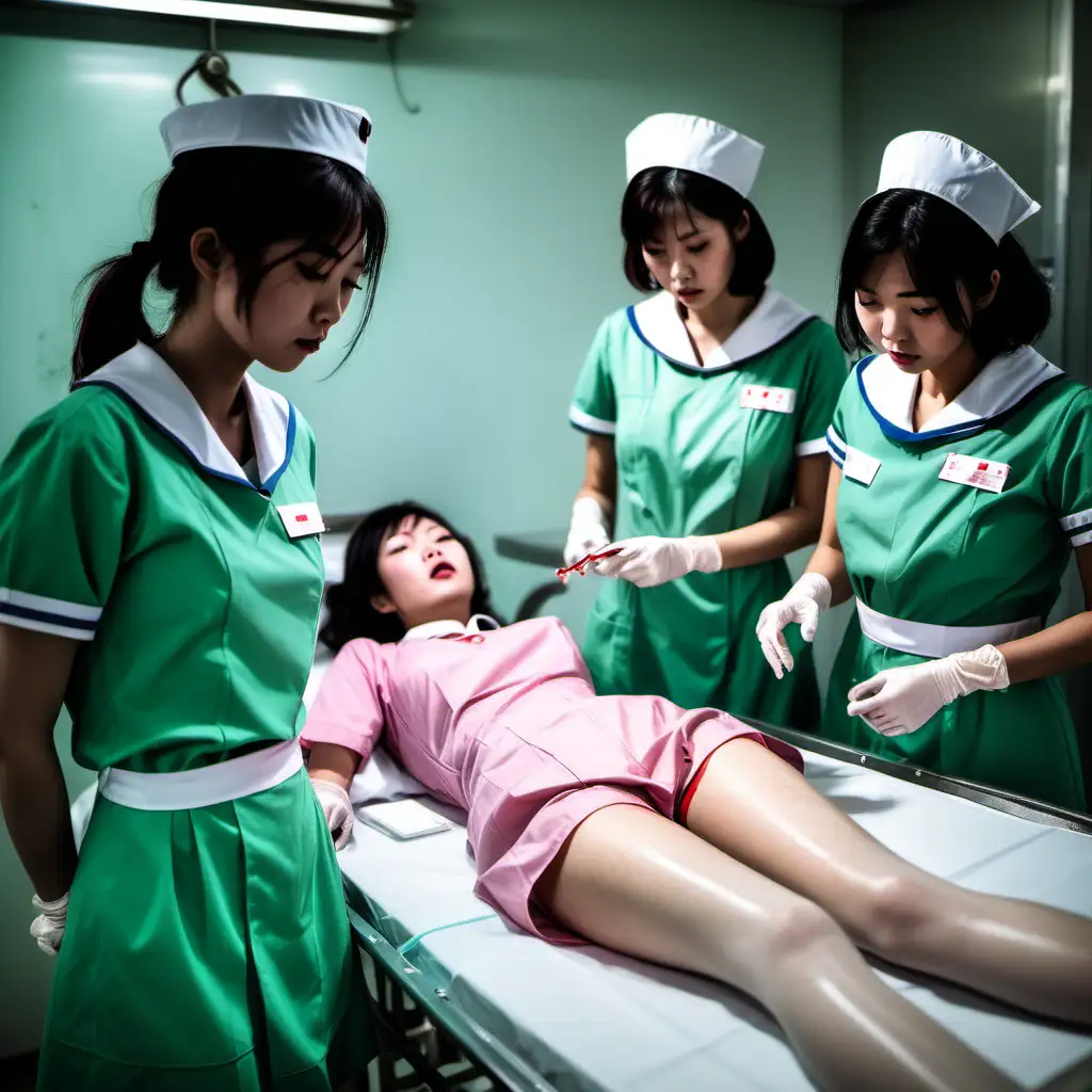 在停尸房，一具穿着绿色水手服的香港女学生尸体验尸，女学生全是是血，护士们穿着圆领粉红护士服