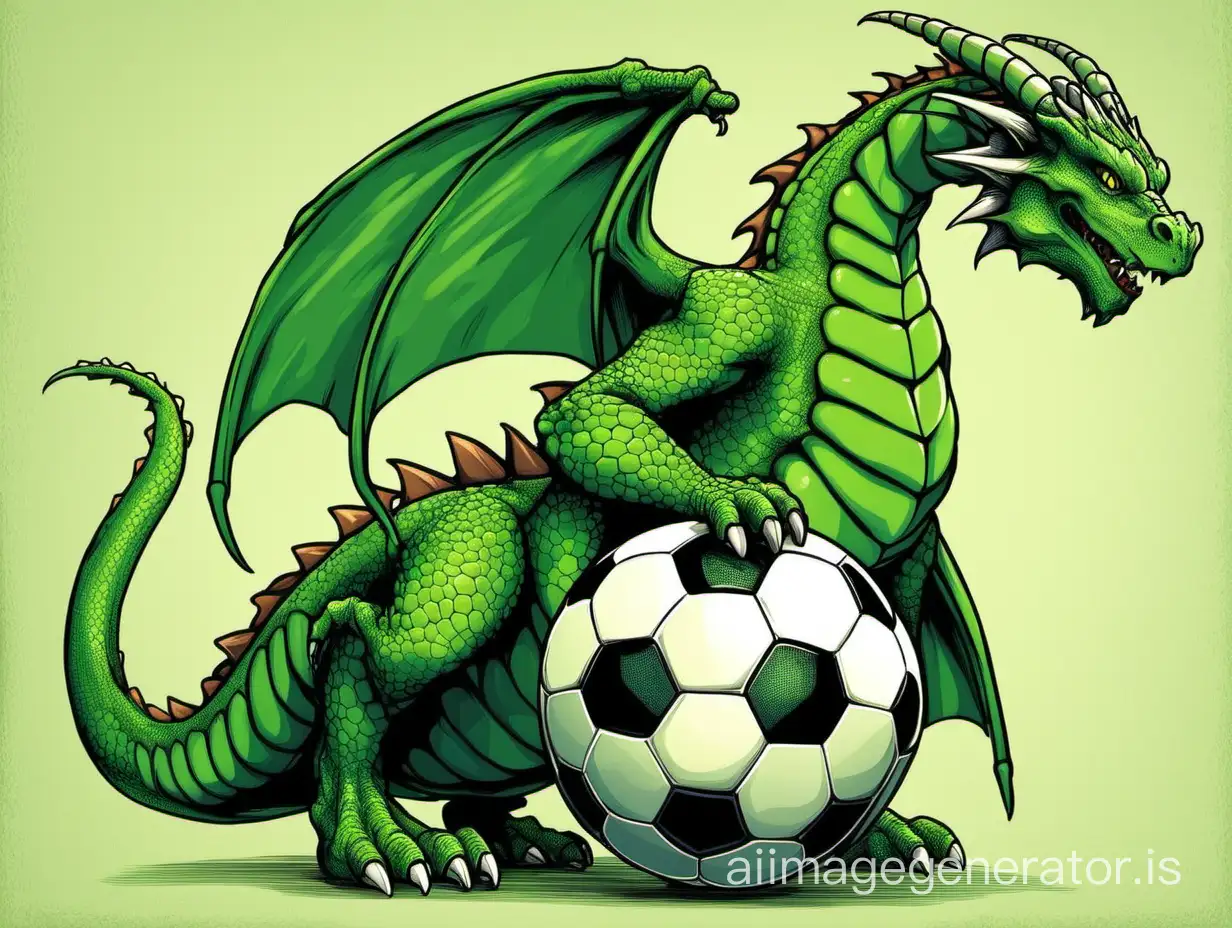 A green dragon holding a soccer ball