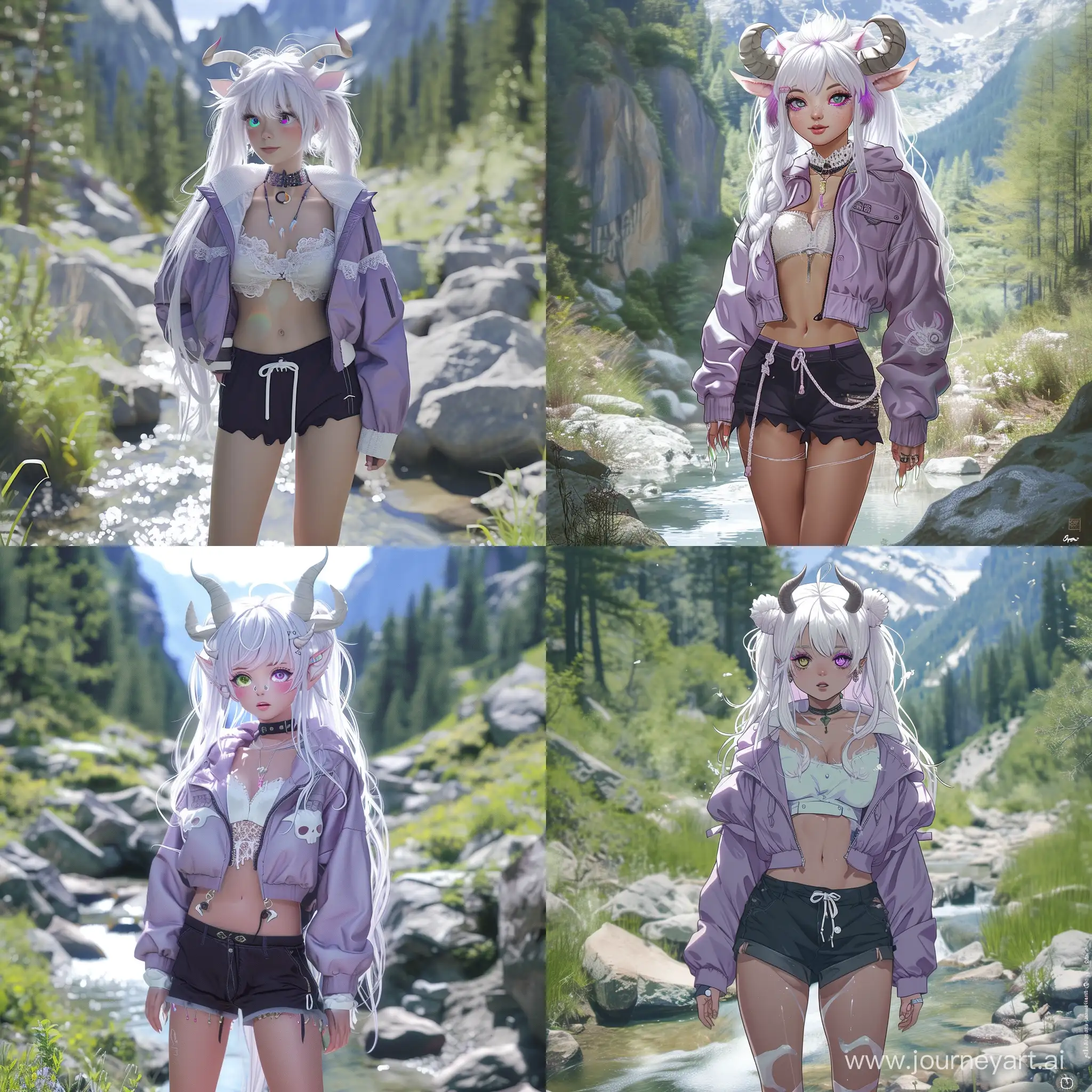 1 girl, (pale skin:0.7), white hair, ((long hair)), 2 hair buns, light lilac eyes, horns, colored eyelashes, white eyelashes, perfect body, lilac jacket, dark shorts, lilac esthetic, all lilac, white details, beautiful clothing decoration, outdoors, mountains, forest, sunny weather, small stream, rocks, stones