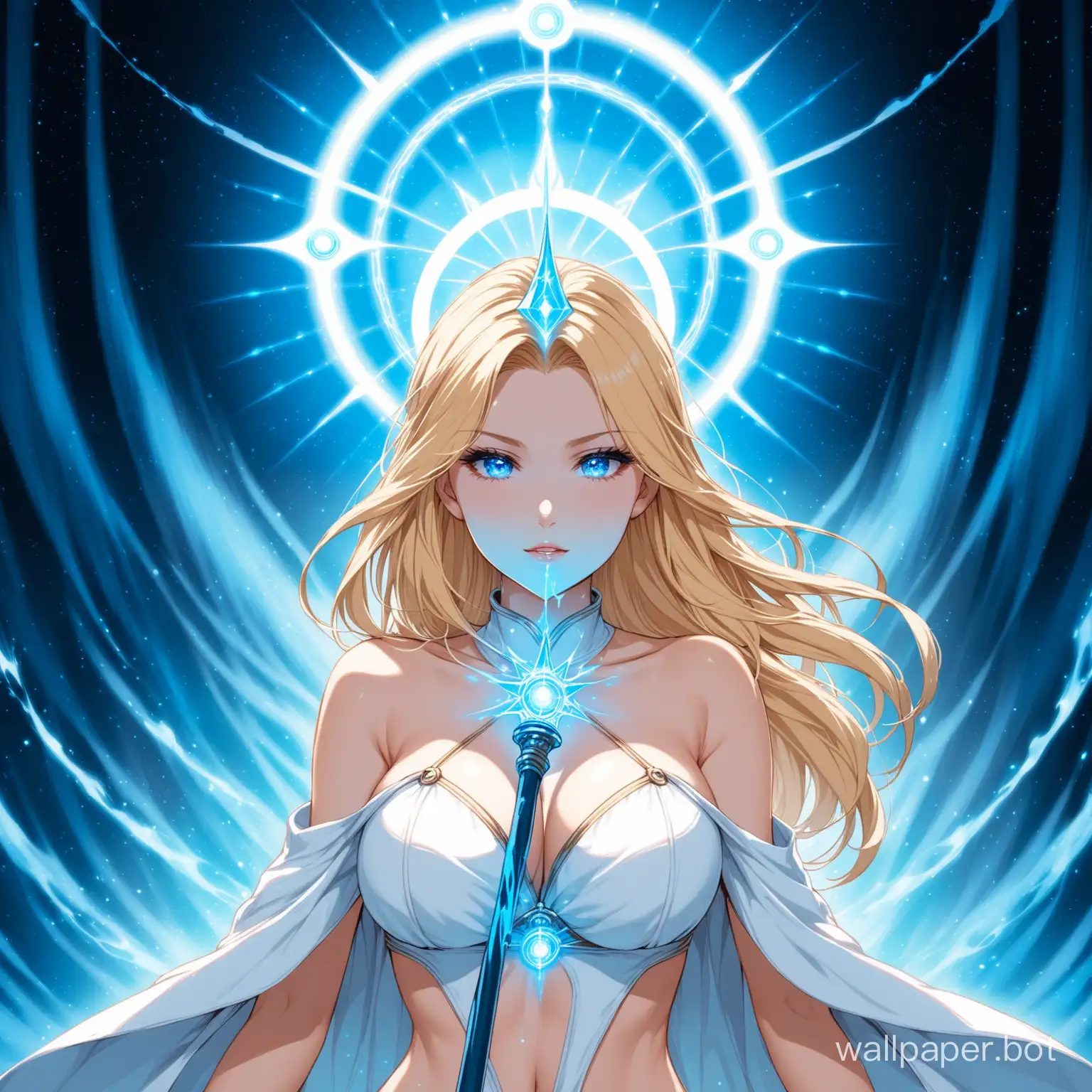 blond sexy female
seducing eyes
holding a wizard staff
blue aura around the staff
heaven background
halo above her head
breasts are covered with white clothes