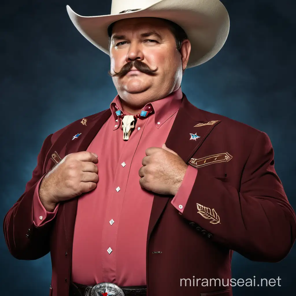 A obese man, American, sports a mustache, dressed like a Texan oil magnate, dark hair,  white cowboy hat that gives him a very distinct silhouette, wearing a jacket with red white and blue, a white shirt, dark pants, a bolo tie of a cattle skull with cyan accents. Large belt buckle, Texas, cowboy, car dealer,