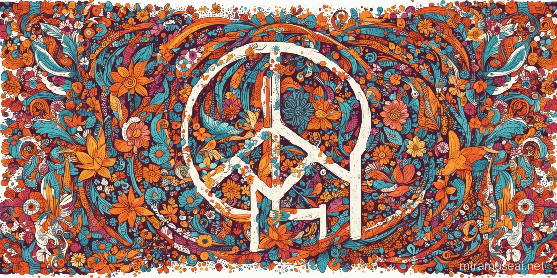 peace sign, flowers, and swirling patterns. psychedelic retro-style illustration, tshirt design vector, white background v
5.1 raw style