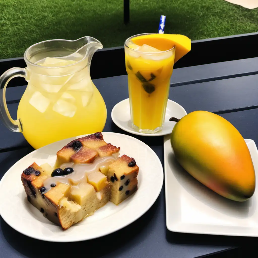 One jug of lemonade, one slice of bread pudding and one juicy whole mango