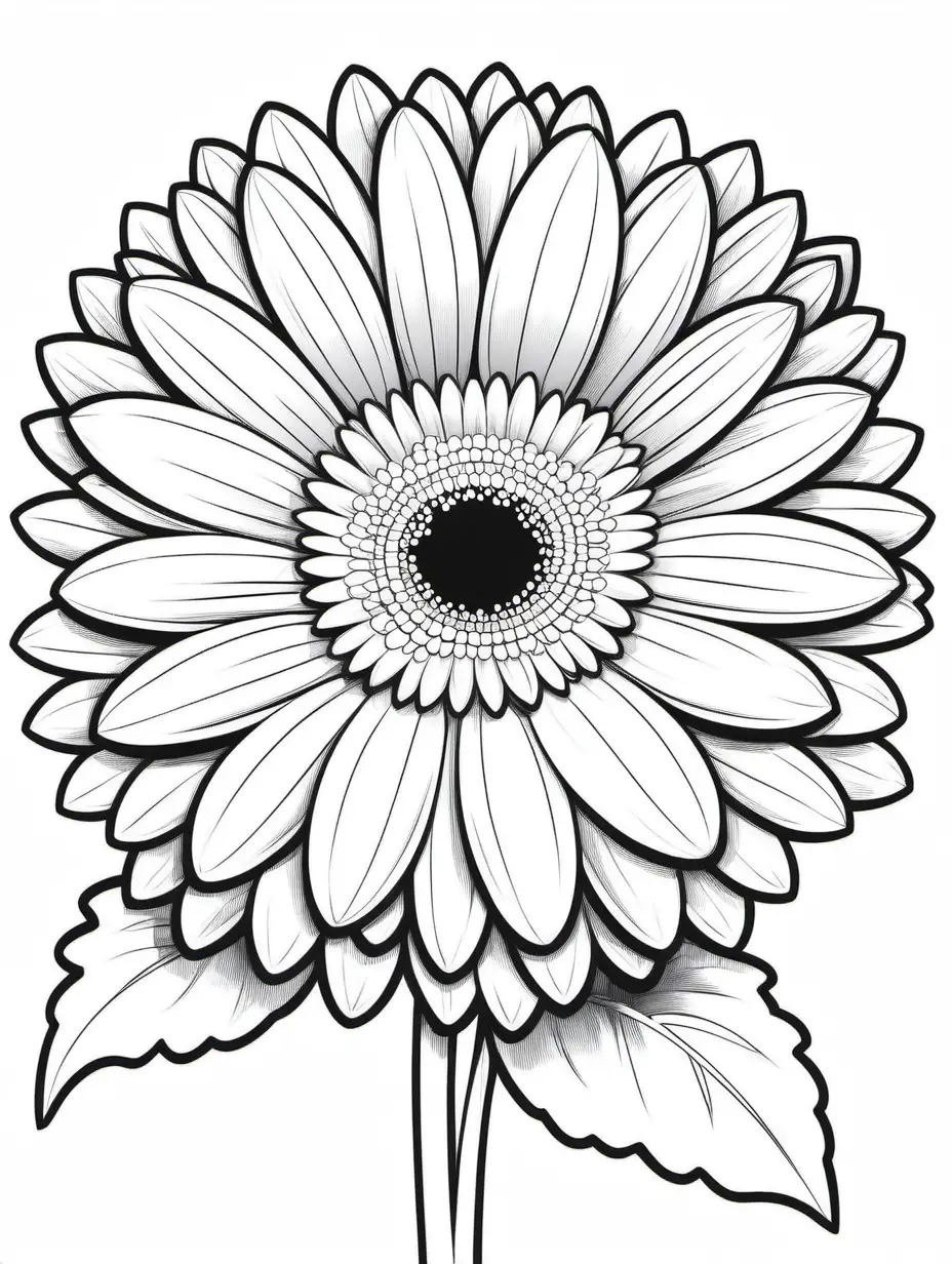 simple cute Gerbera
coloring page
line art
black and white
white background
no shadow or highlights