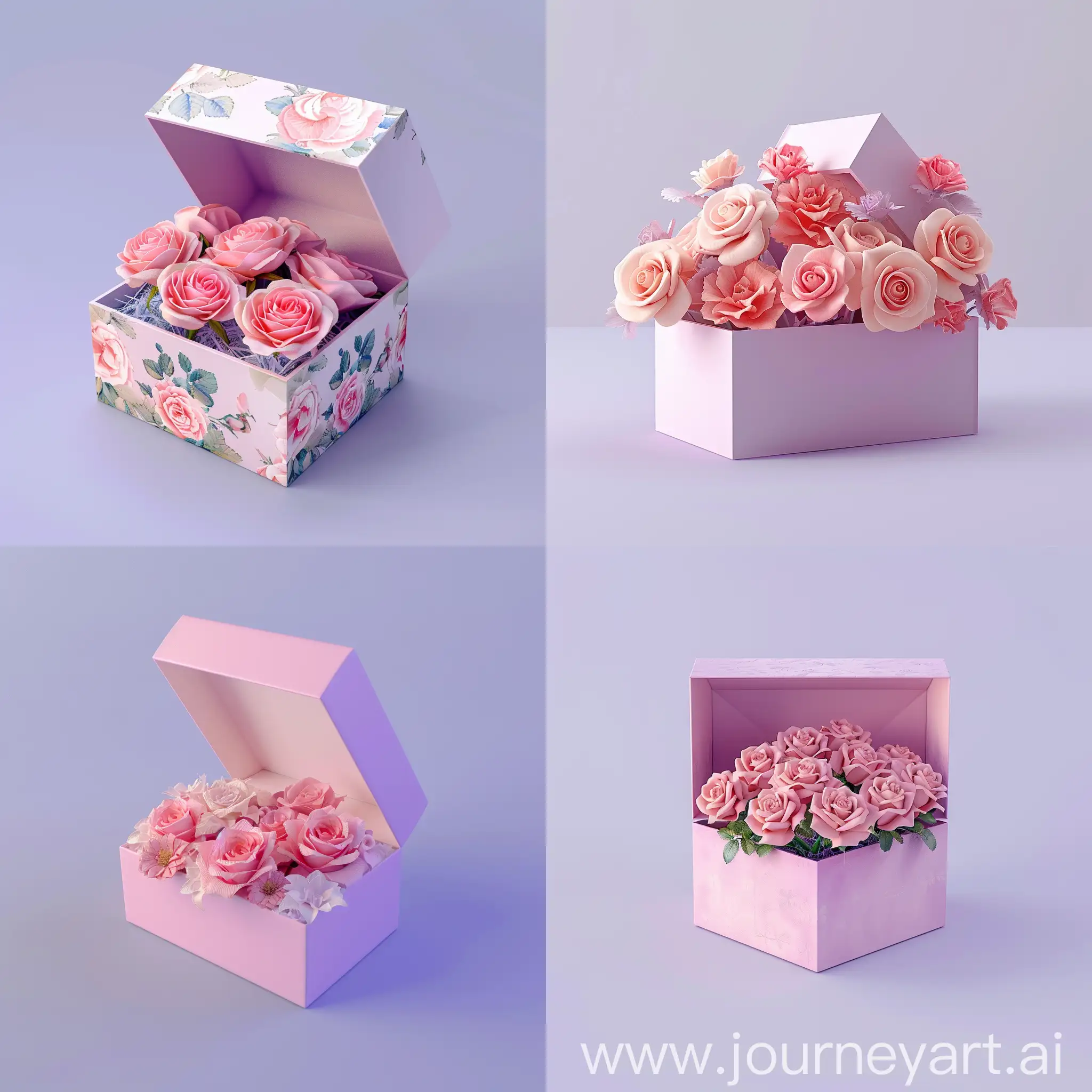 3d graphics Open gift box with rose flowers,  on light purple background.
