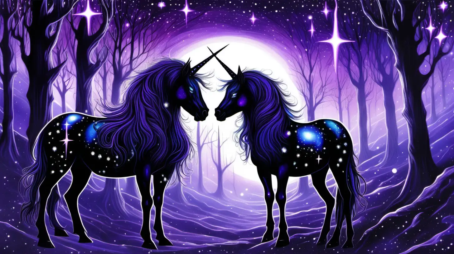 two beautiful black unicorns with horns glowing brightly and their coats and manes shining with stars and the universe, one male and one female, glowing horns, similar to Sue Dawe artwork in a shadow laden dark gothic magical realm  magical forest with various shades of purple, blue and black desolate landscape