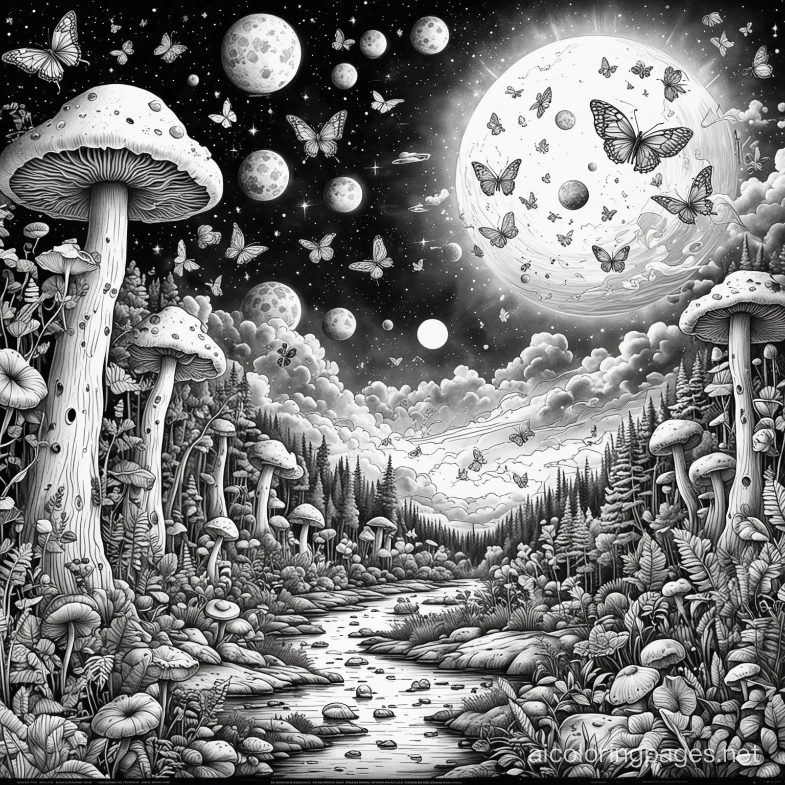Outer space planets clouds with butterflies sun and moon mushroom forest, Coloring Page, black and white, line art, white background, Simplicity, Ample White Space. The background of the coloring page is plain white to make it easy for young children to color within the lines. The outlines of all the subjects are easy to distinguish, making it simple for kids to color without too much difficulty