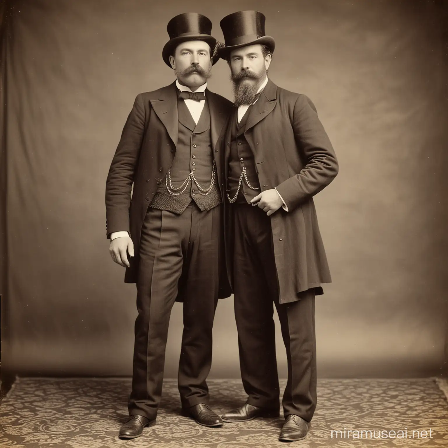 19th century monochrome photo taken in photo studio, full length view of a man with moustache holding the waist of a bearded man, wearing a suit and a top hat, loving