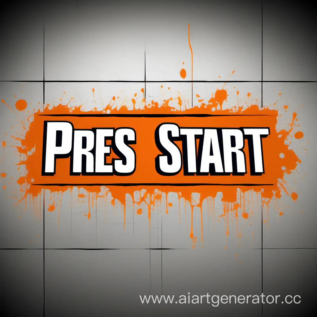 "PRESS START " в стиле Portal 2 белые буквы с чёрной обводкой на фоне оранже-голубой краски 
