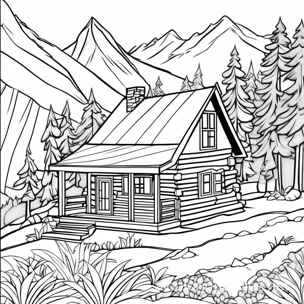 a  cabbin  in the mountins 

, Coloring Page, black and white, line art, white background, Simplicity, Ample White Space. The background of the coloring page is plain white to make it easy for young children to color within the lines. The outlines of all the subjects are easy to distinguish, making it simple for kids to color without too much difficulty