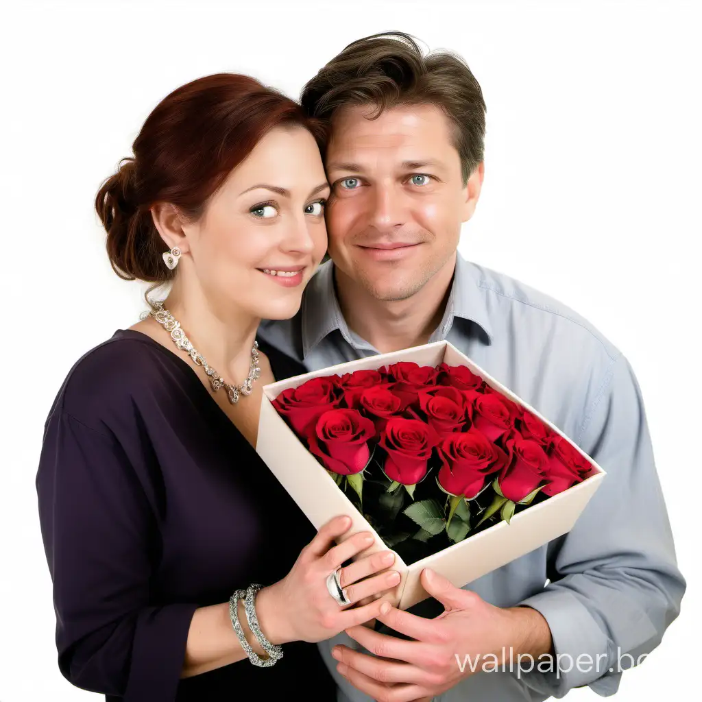 Against a pure white background, a heartwarming and romantic photo captures the moment a man hugs his love from behind. The woman is holding a bouquet of wrapped roses and a jewelry gift box. Their eyes are full of warmth and romance. Caucasian