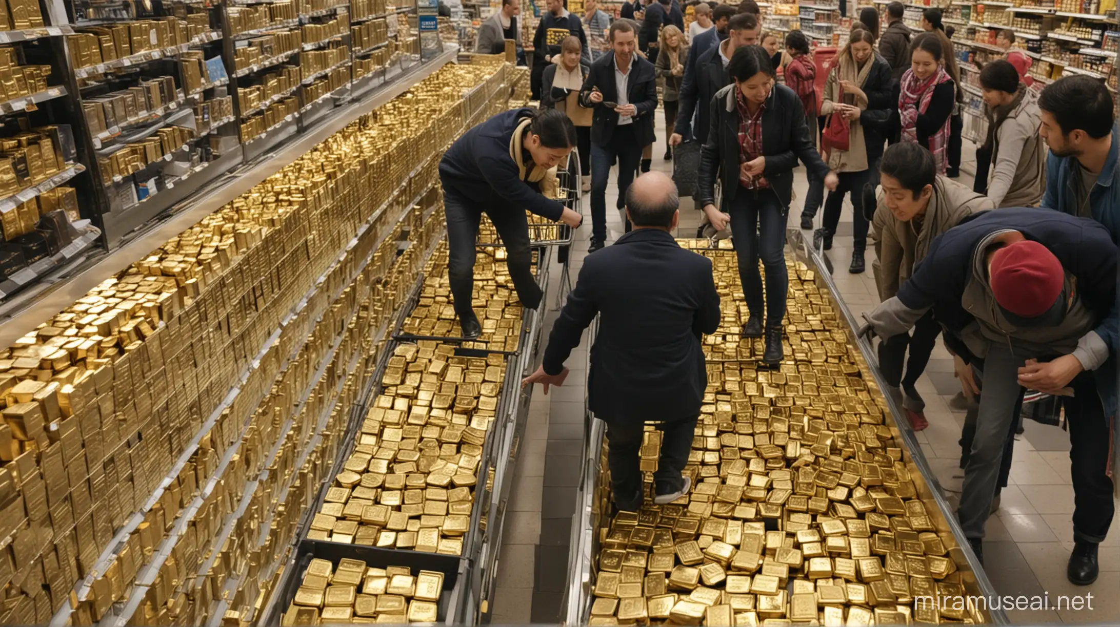 people pushing each other out of the way to buy gold bars and coins in a supermarket
