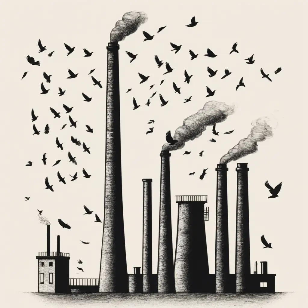 Flock of Birds Emerge from Industrial Smokestack Sketch Minimalist Art