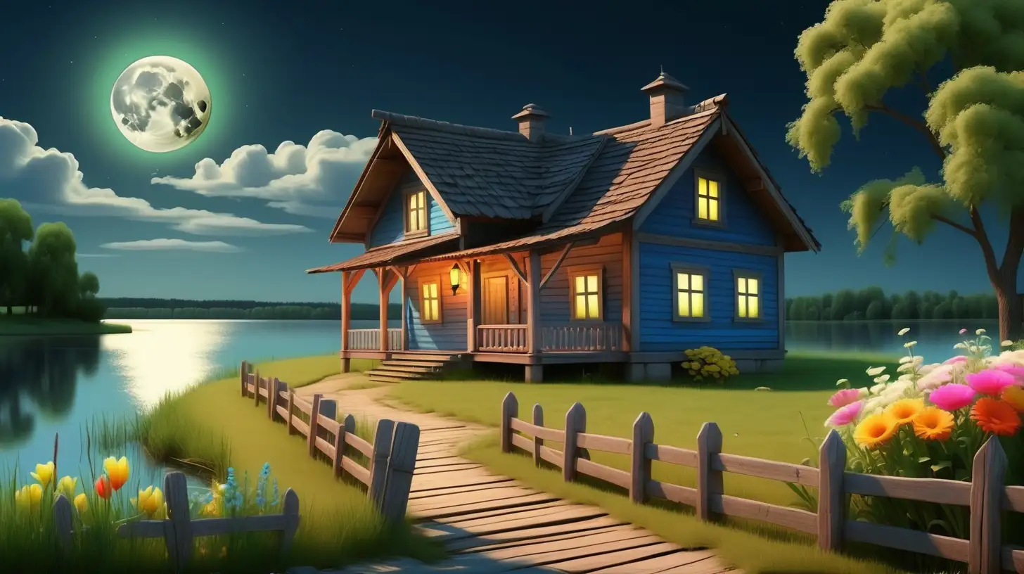 Tranquil Lakeside Cottage under Moonlight with Charming Country Road