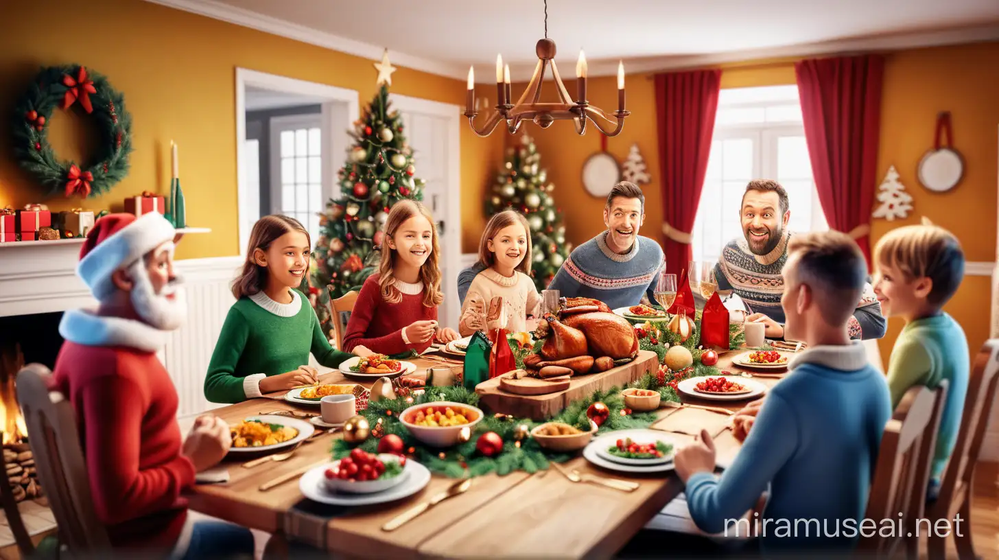 Festive Family Dinner Scene with Christmas Decor and Colorful Ambiance