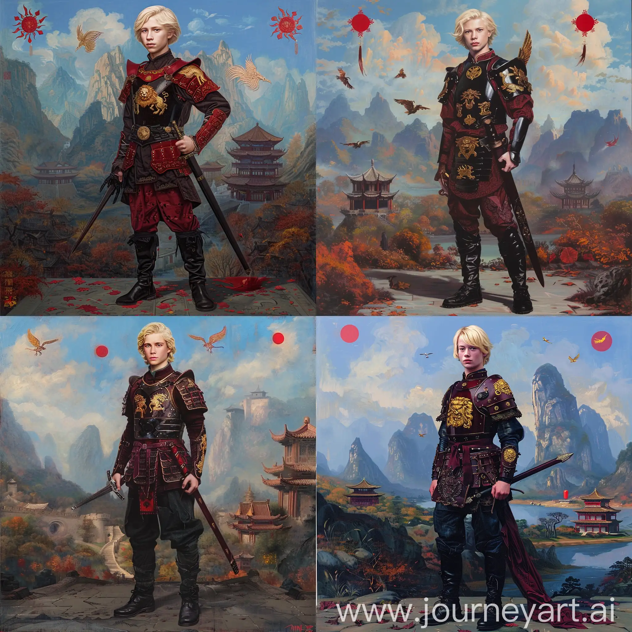 Historic painting style:

an handsome Peter Pevensie, with blond hair, from the Chronicle of Narnia movie,

he wears black boots on his feet,

he also wears deep red and black color Chinese Ming Dynasty style medieval armor,

golden gryffin lion emblems on her armor,
he holds a Chinese sword in right hand, 

Chinese Guilin mountains and temple as background, small phoenix and three small red suns in blue sky.