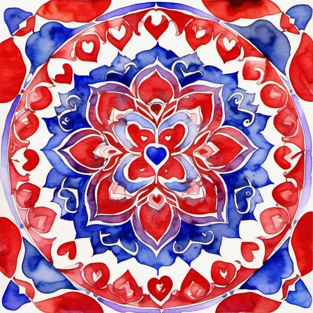 Abstract Watercolor Mandala with Ultramarine and Vermilion Hearts