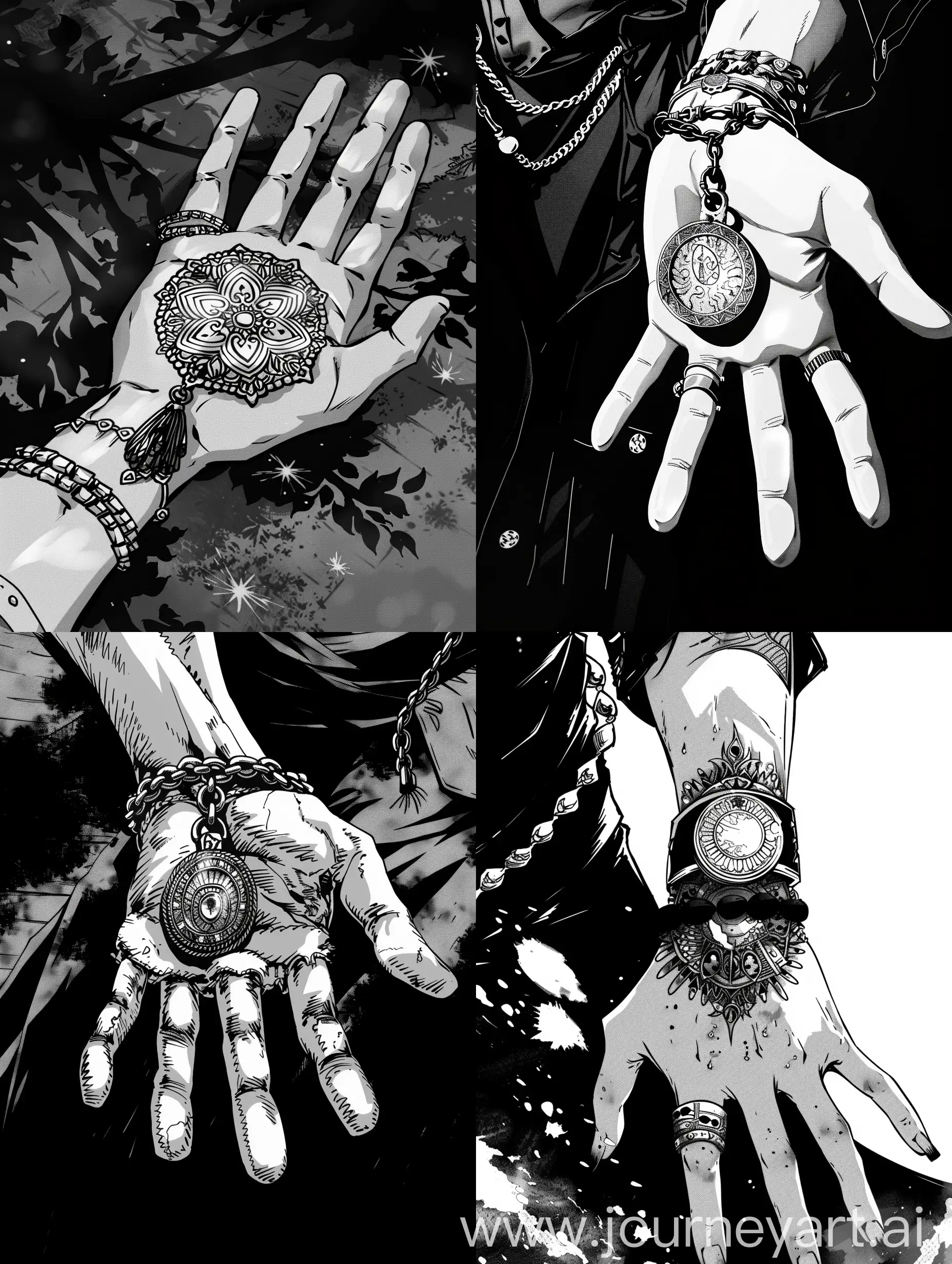 the amulet in the hand, manga style.