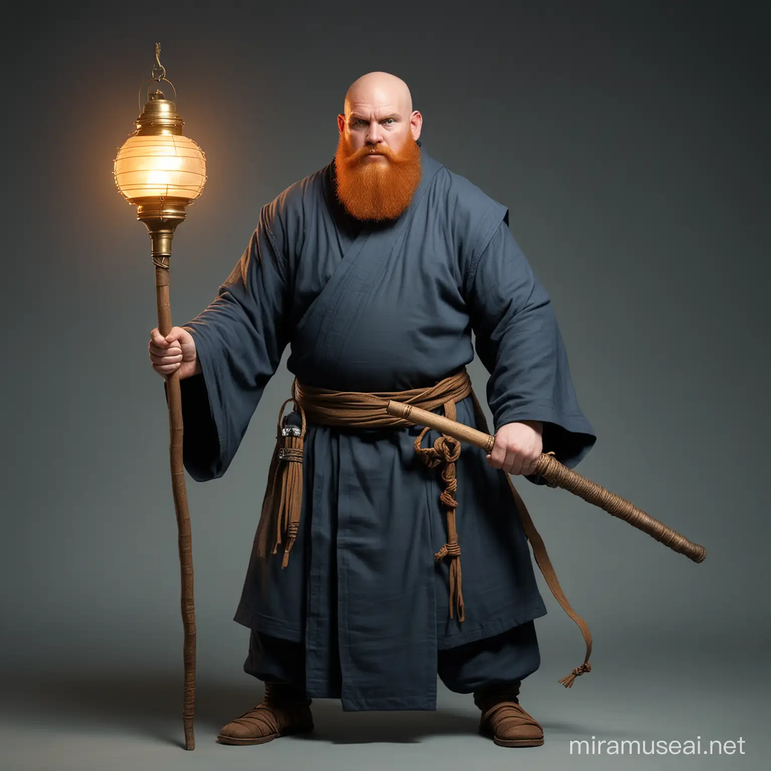 Monk, fighting stance, holding a quarterstaff, holding a lantern, fat, Bald, big ginger beard, dark Blue eyes, tall, male.

