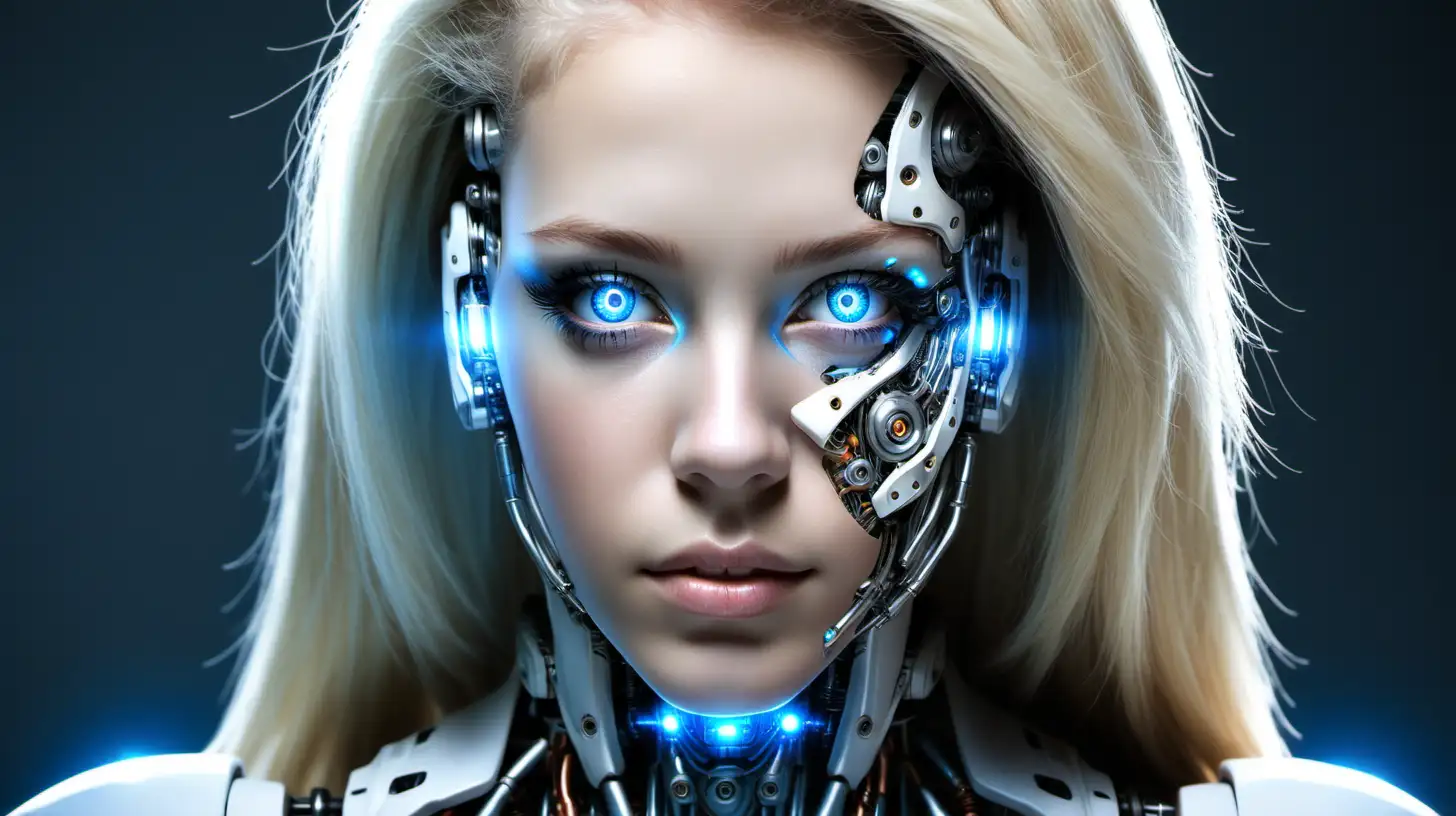 Beautiful Cyborg Woman with Blonde Hair and Blue Eyes