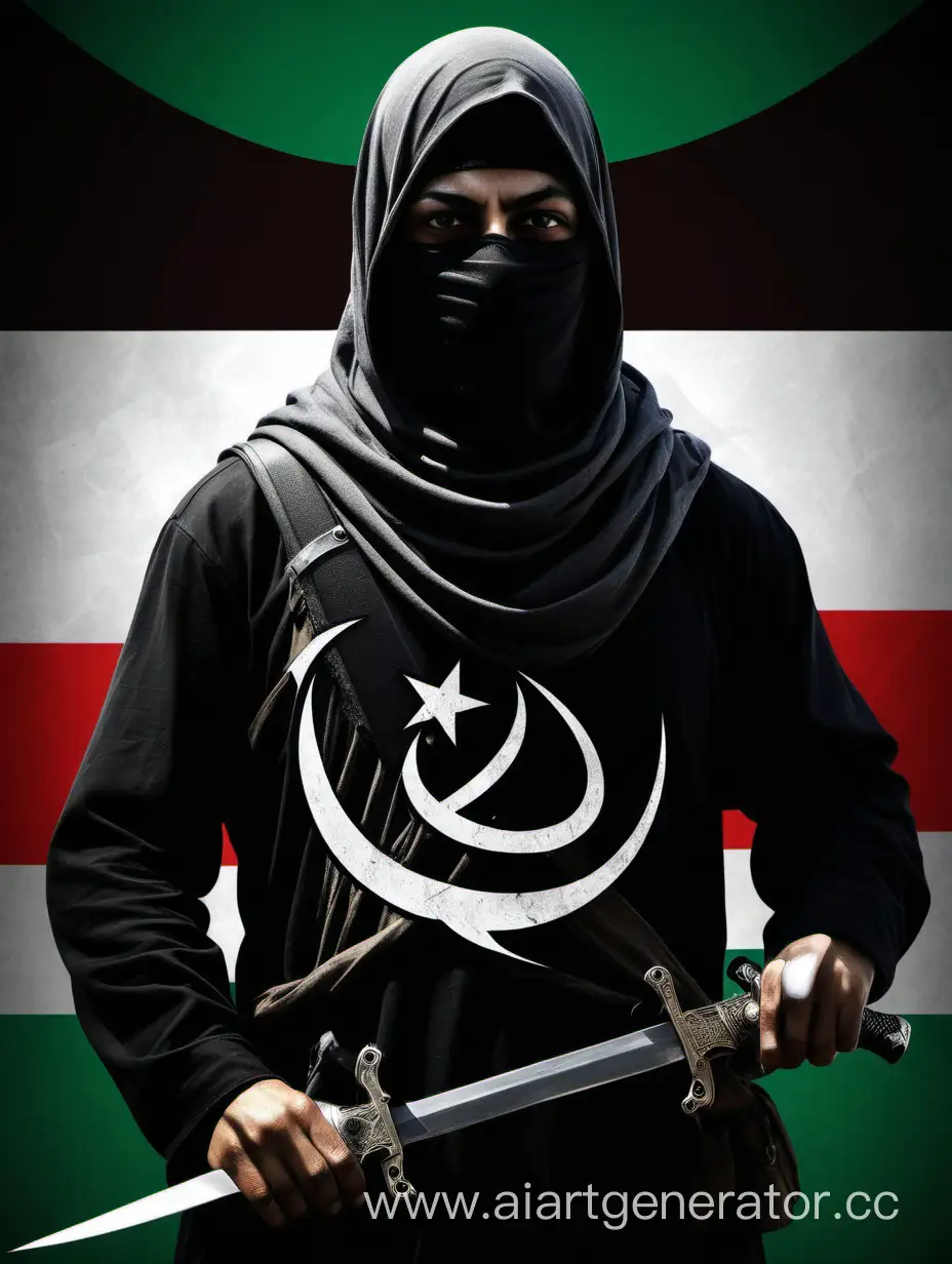 Ассасин с исламским знаменем шахадой, с палестинским флагом с клинком