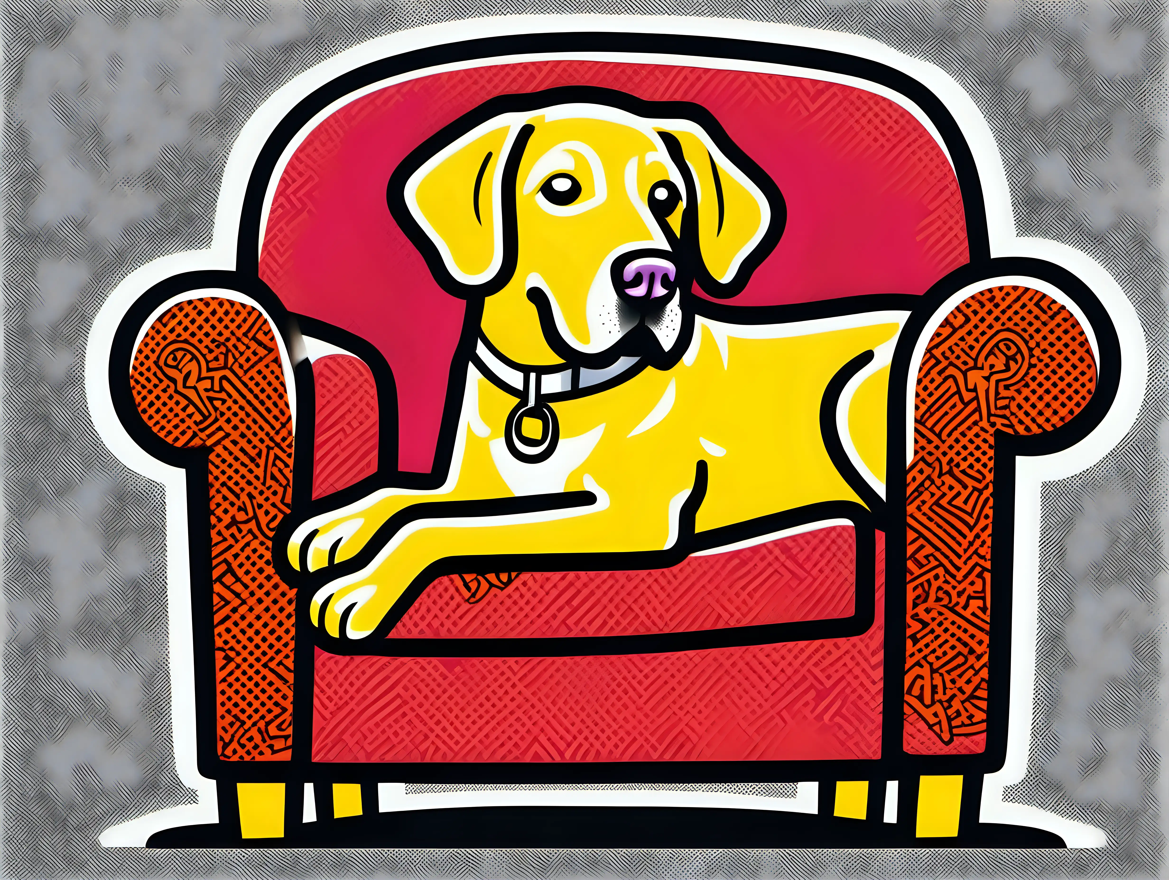 a cartoon character yellow labrador retriever laid back in a recliner, vibrant color, manly, white background, in the style of Keith Haring