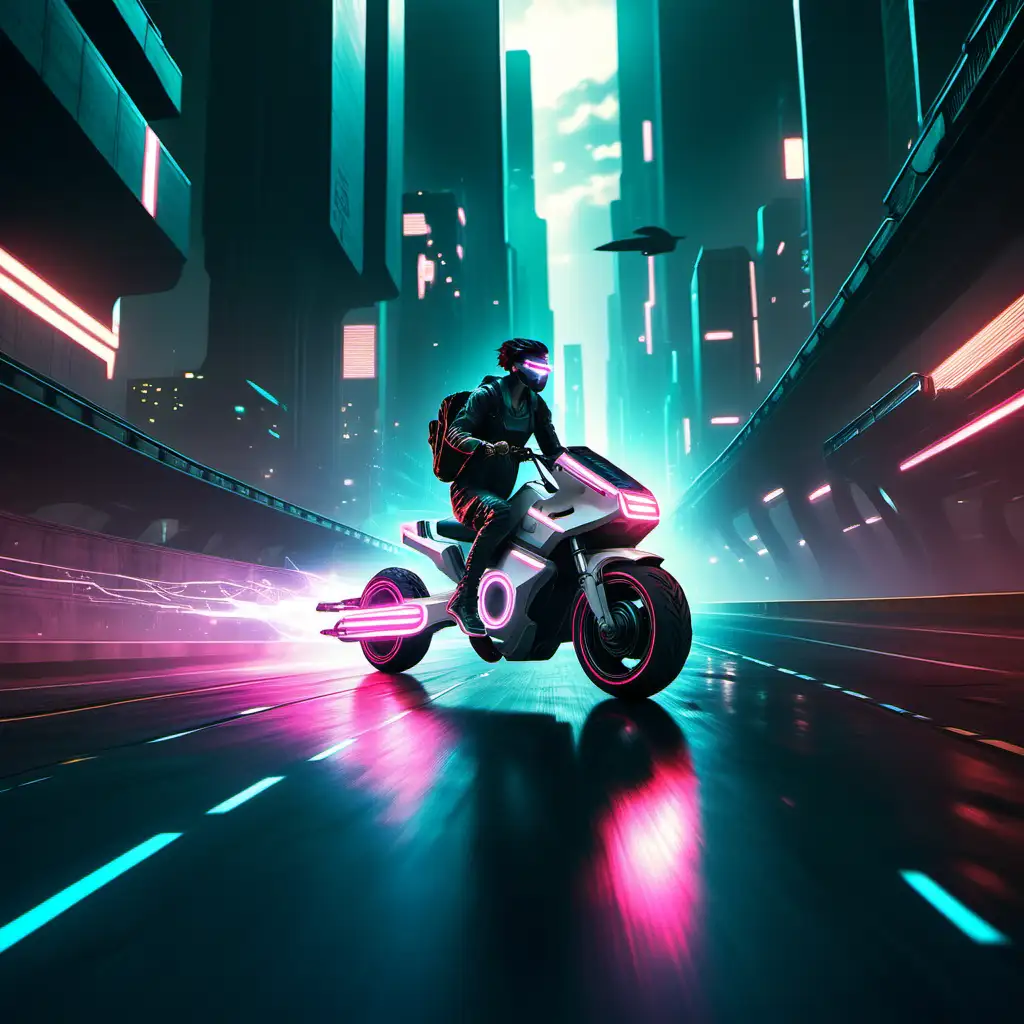 Futuristic Hoverbike Ride through Cyberpunk City with Dazzling Light Trail