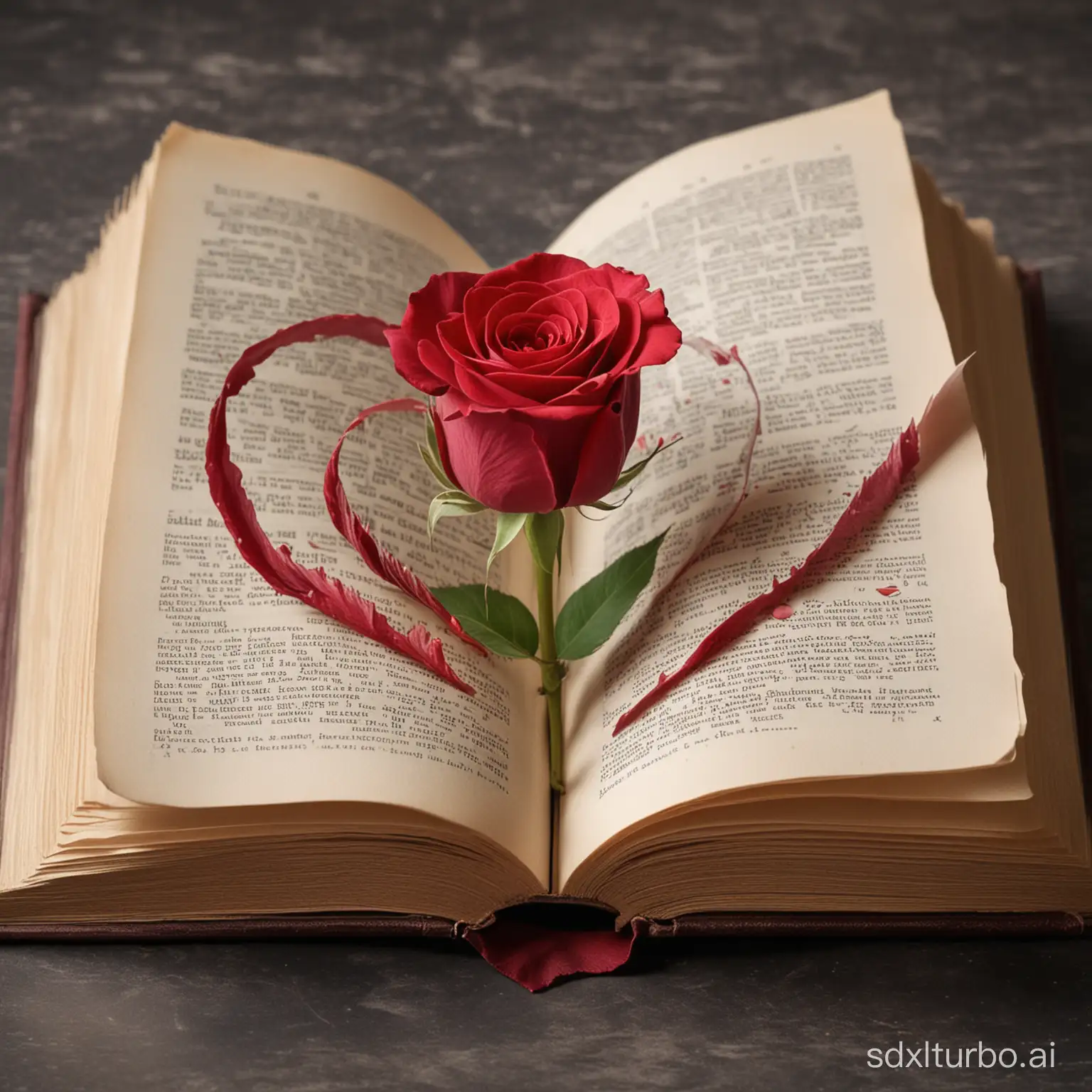 libro abierto, donde nace una rosa de su centro, y sus petalos tiene forma de corazon