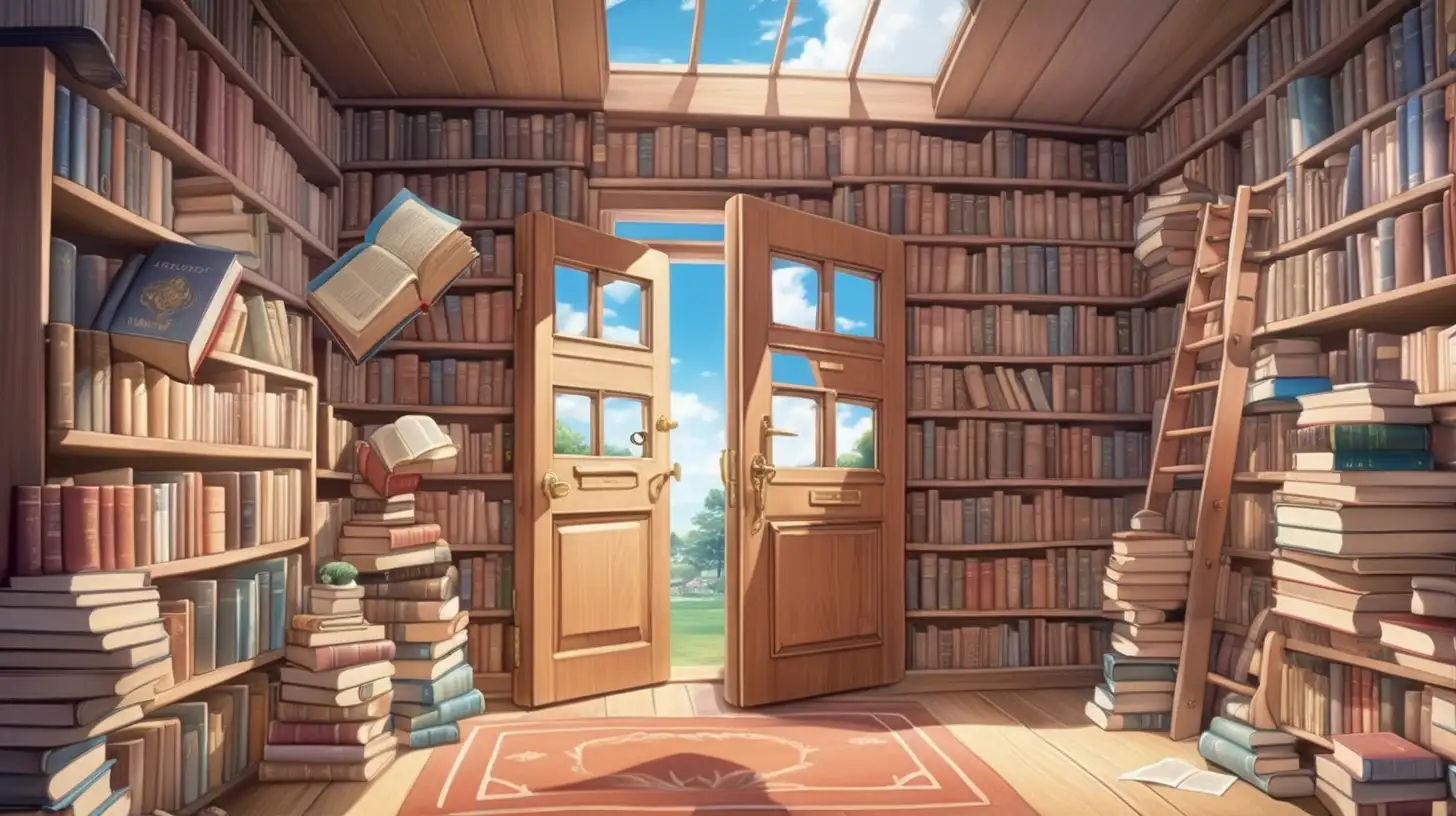 In cartoon anime style, a house that appears to be is 
 constructed out of giant, oversized books stacked high. Each book has a door that opens to a different story, making home a library of endless tales and wonders. r, similar to the electronic version of Simon Says