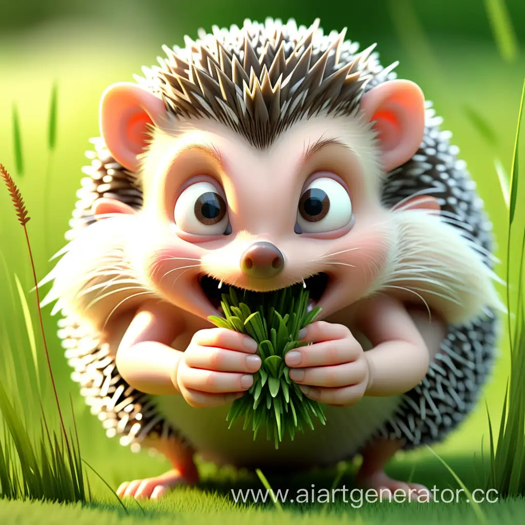 Hedgehog-Eating-Grass-in-a-Sunlit-Meadow