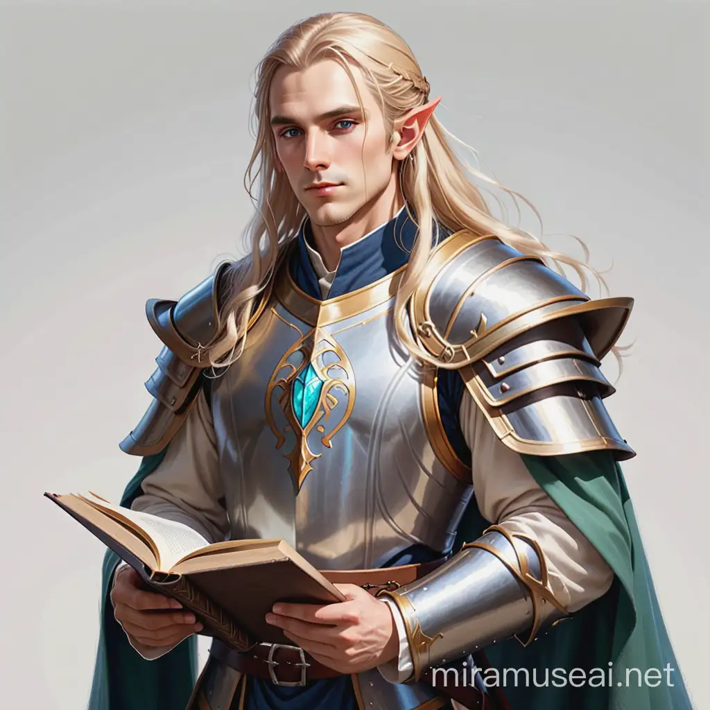 High elf male cleric. long blonde hair. Around 30 years. Dressed in modest e armor underneath. Scholar clothing than mostly covers adamantinwith books in hand.