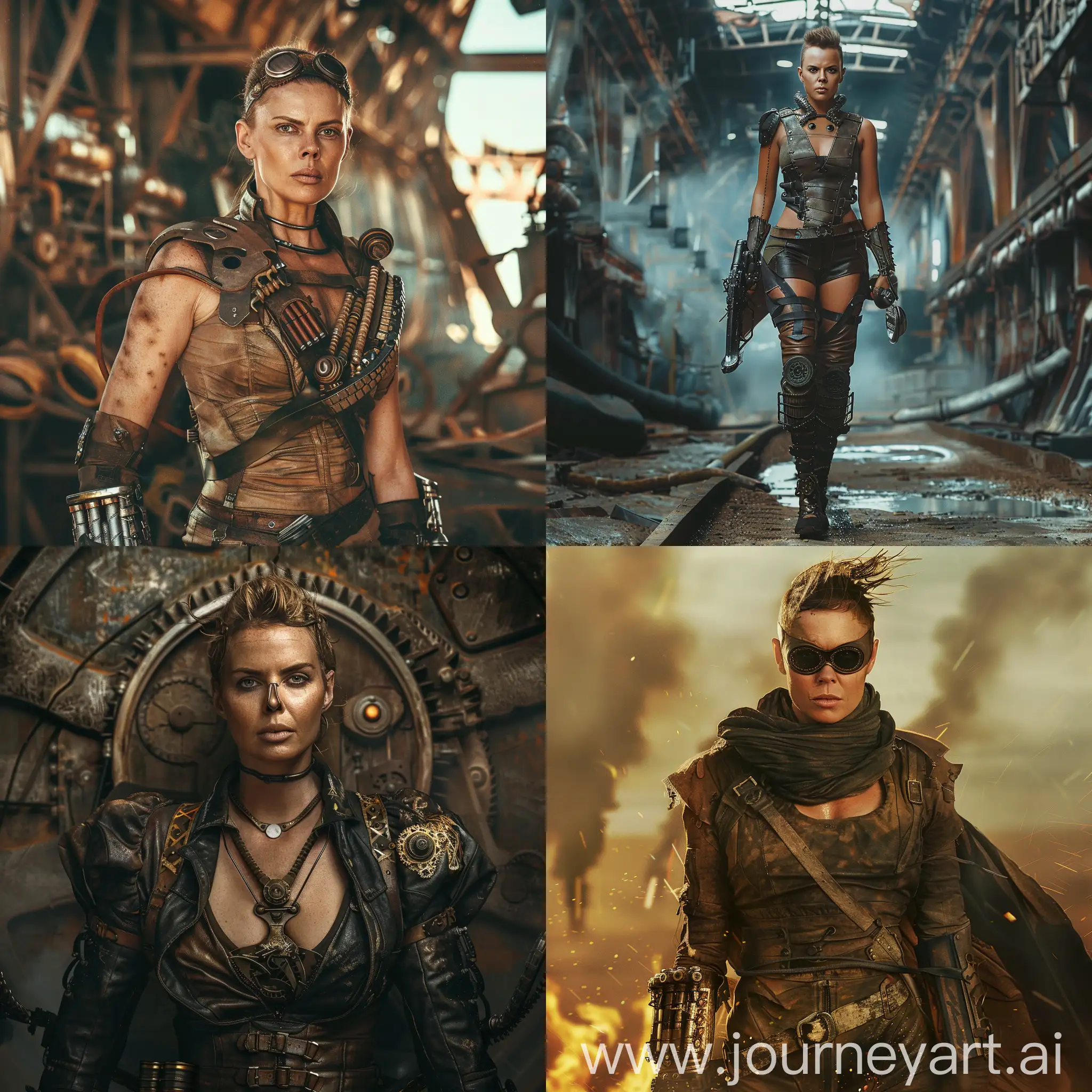 masterpiece, ultra k resolution, full body shot, 1girl, female Imperator Furiosa, mad max, Charlize Theron wears steampunk, steampunk style, concept, full body, detailed steampunk background