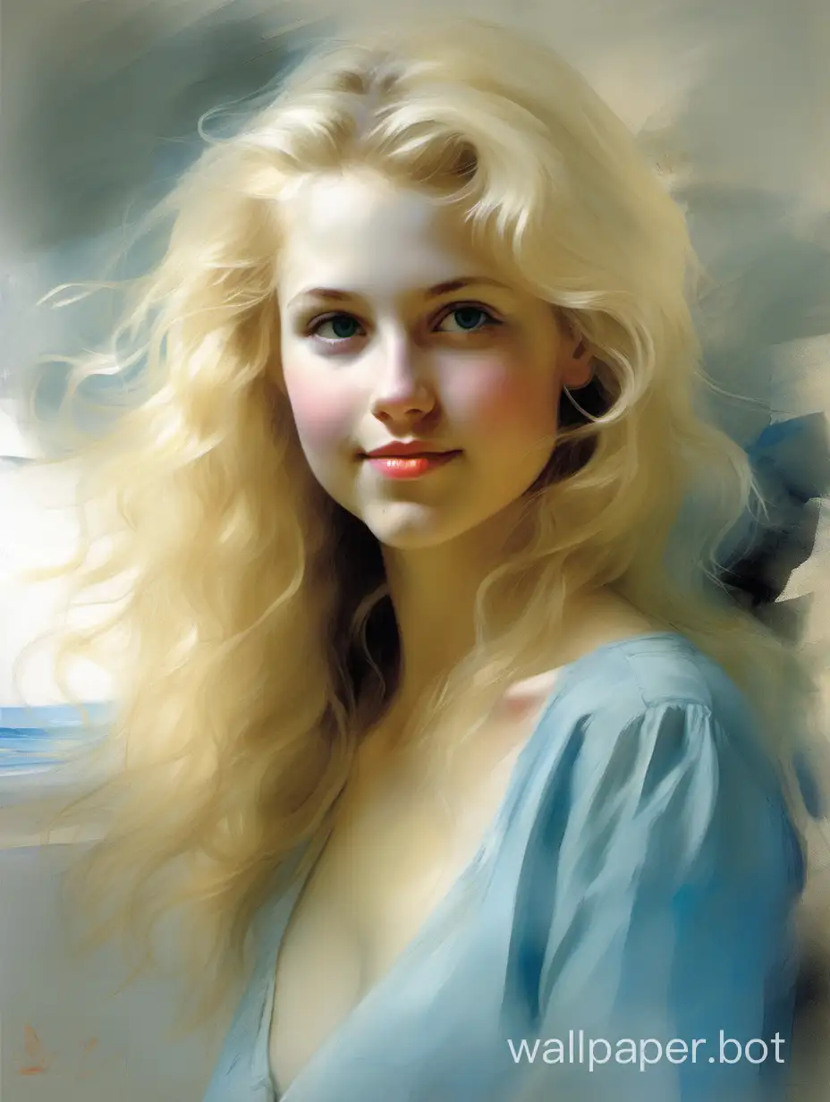 full body perspective, low angle painting of a beautiful 22-year-old Latvian woman, she is pretty, she has blue eyes, she has pale skin, she has class, she has long, light blond wavy hair; she is wearing light blue bikini; she has pale legs, she has a beautiful innocent face; she has a serene smile, beaming; she has a big nose; she is very cute, perfect; she has a sense of wonder. Pino Daeni Style