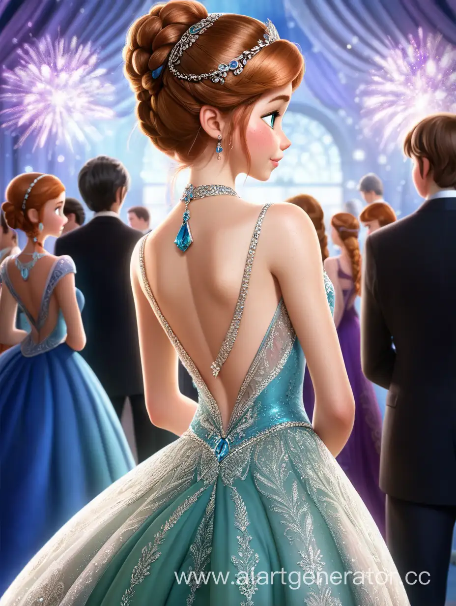 Princess anna attends a highschool prom.
Her dress is elegant and shows off her back with a low cut