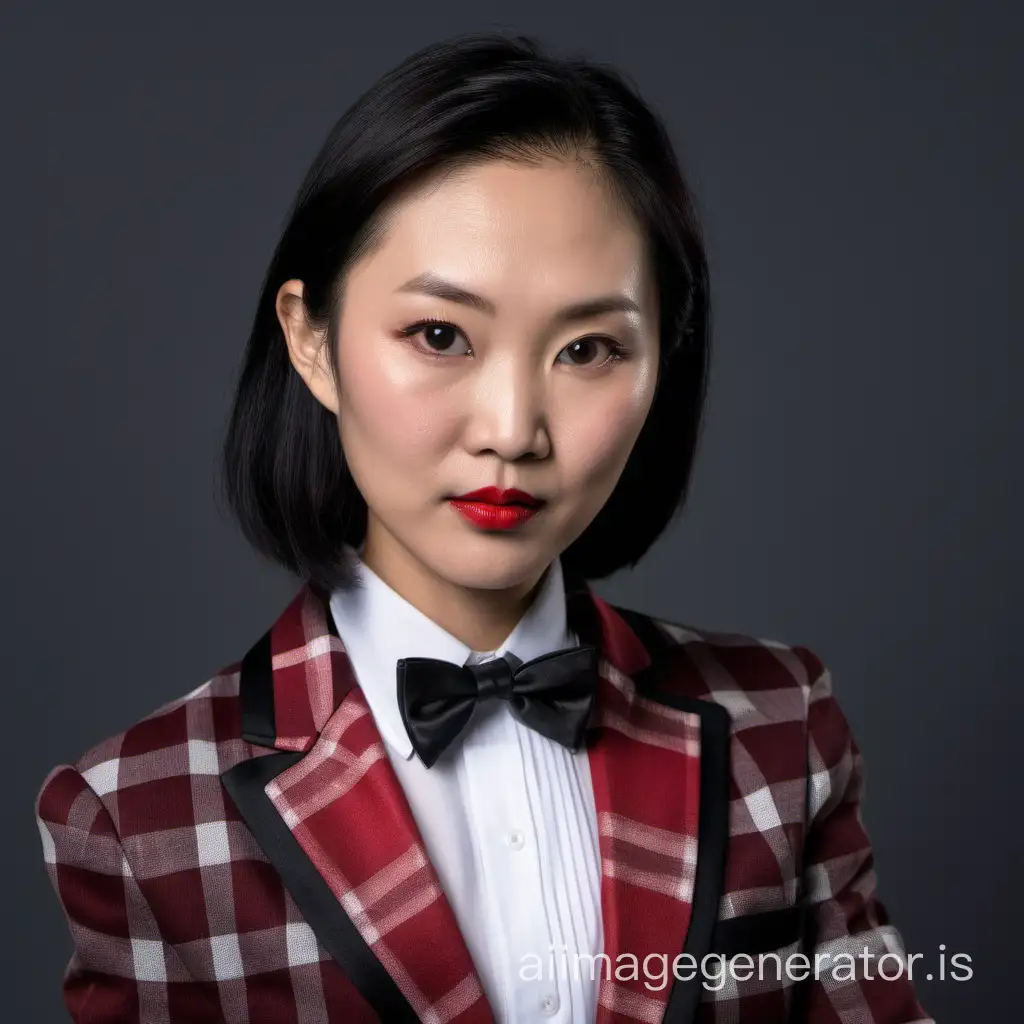 stern Asian lady with shoulder length hair wearing a red and black plaid tuxedo, wearing a white shirt, wearing a red bow tie, wearing red lipstick