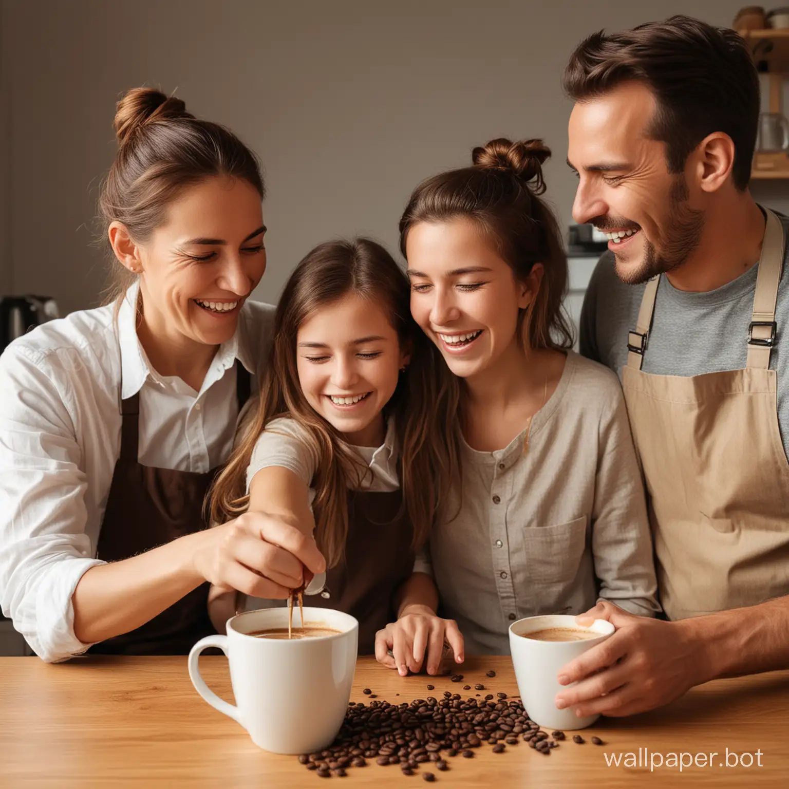Generating a scene of a family of three, brewing coffee at home with laughter, the coffee should be brown.