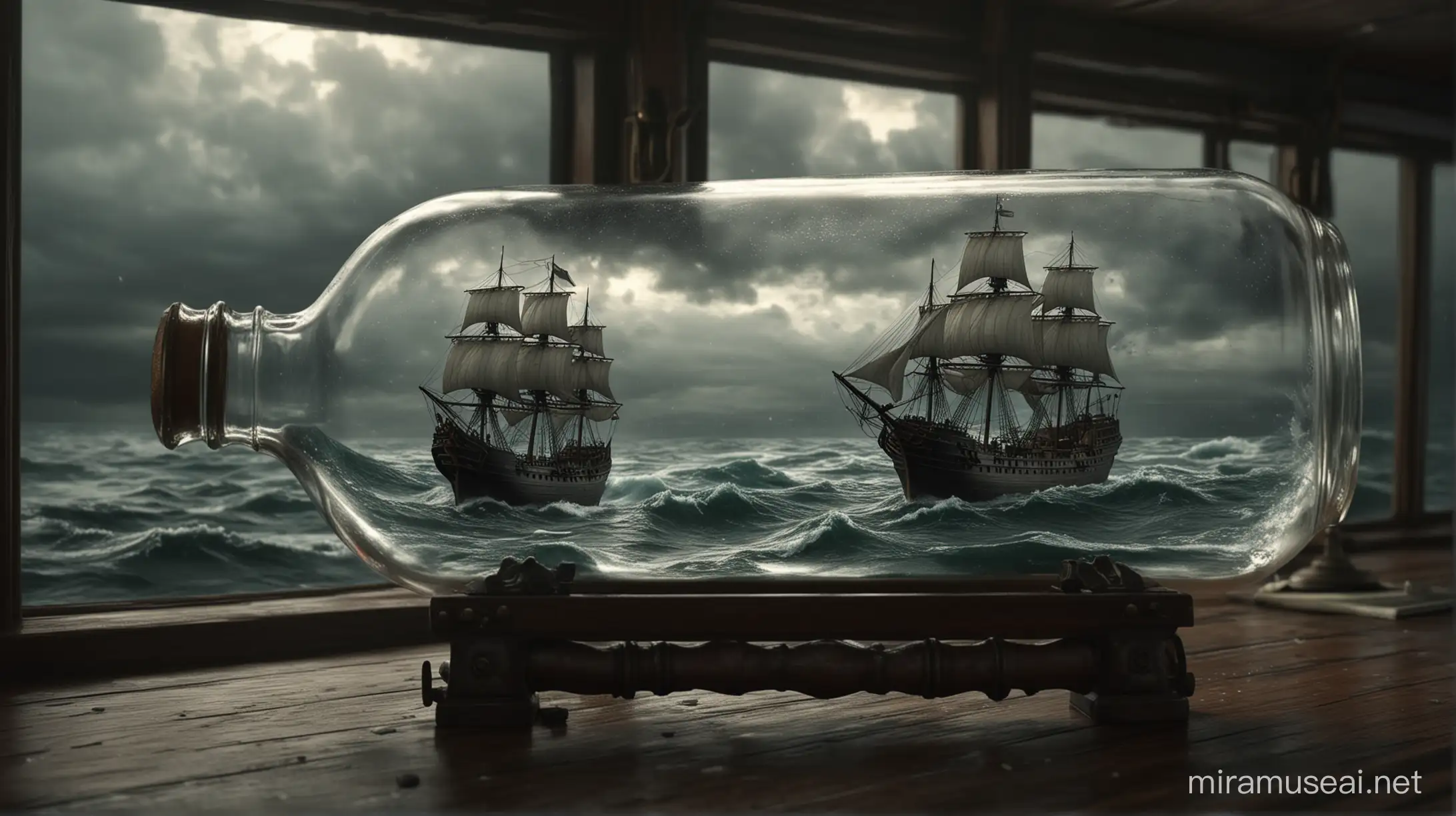 Detailed Hyperreal CloseUp of Sailing Ship in Stormy Sea Bottle