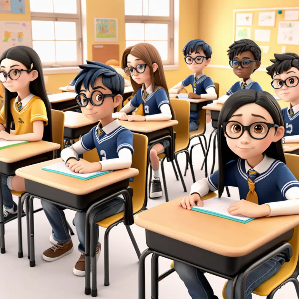 Create a 3d illustrator of an animated character of a classroom with a set of 3 boys and 5 girls high school students sitting. The students should not have spectacles.