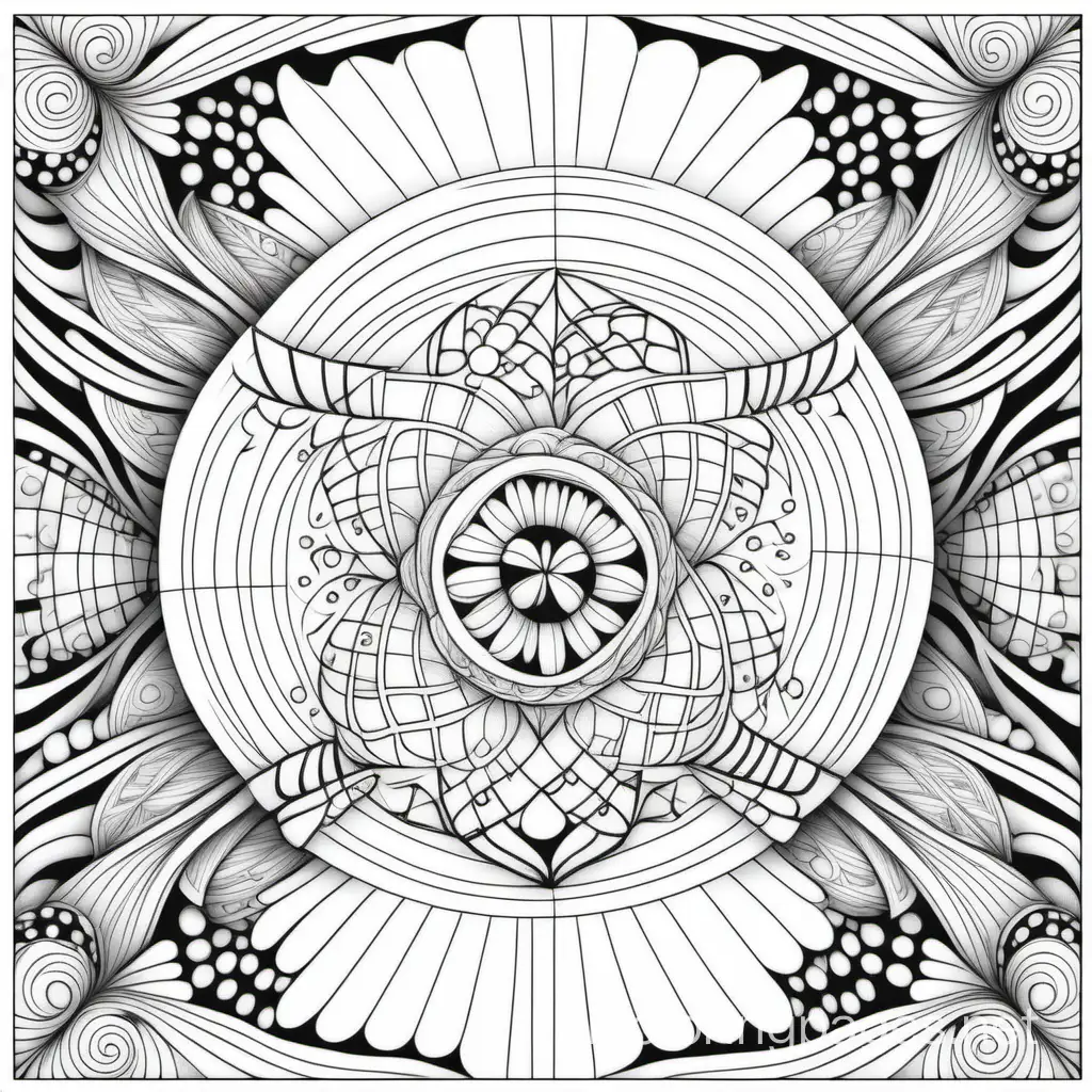 Arte zentangle, Coloring Page, black and white, line art, white background, Simplicity, Ample White Space. The background of the coloring page is plain white to make it easy for young children to color within the lines. The outlines of all the subjects are easy to distinguish, making it simple for kids to color without too much difficulty