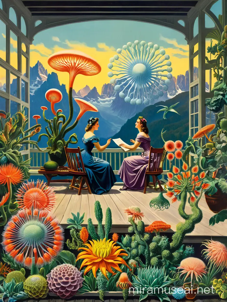 Ernst Haeckel art forms in nature is your inspiration to create exotic plants sitting on a wooden porch facing the faraway mountains. But, wait. There are two sisters arguing about the wrong plants having been ordered. Paint them in the flat colorful style of Gil Elvgren and Ernst Haeckel and other colorful artists of the 1950. Deadly Alien flowers are in the foreground that have interesting details and colors. Poisonous Fractals, radiolaria, and diatoms trees can also be seen.