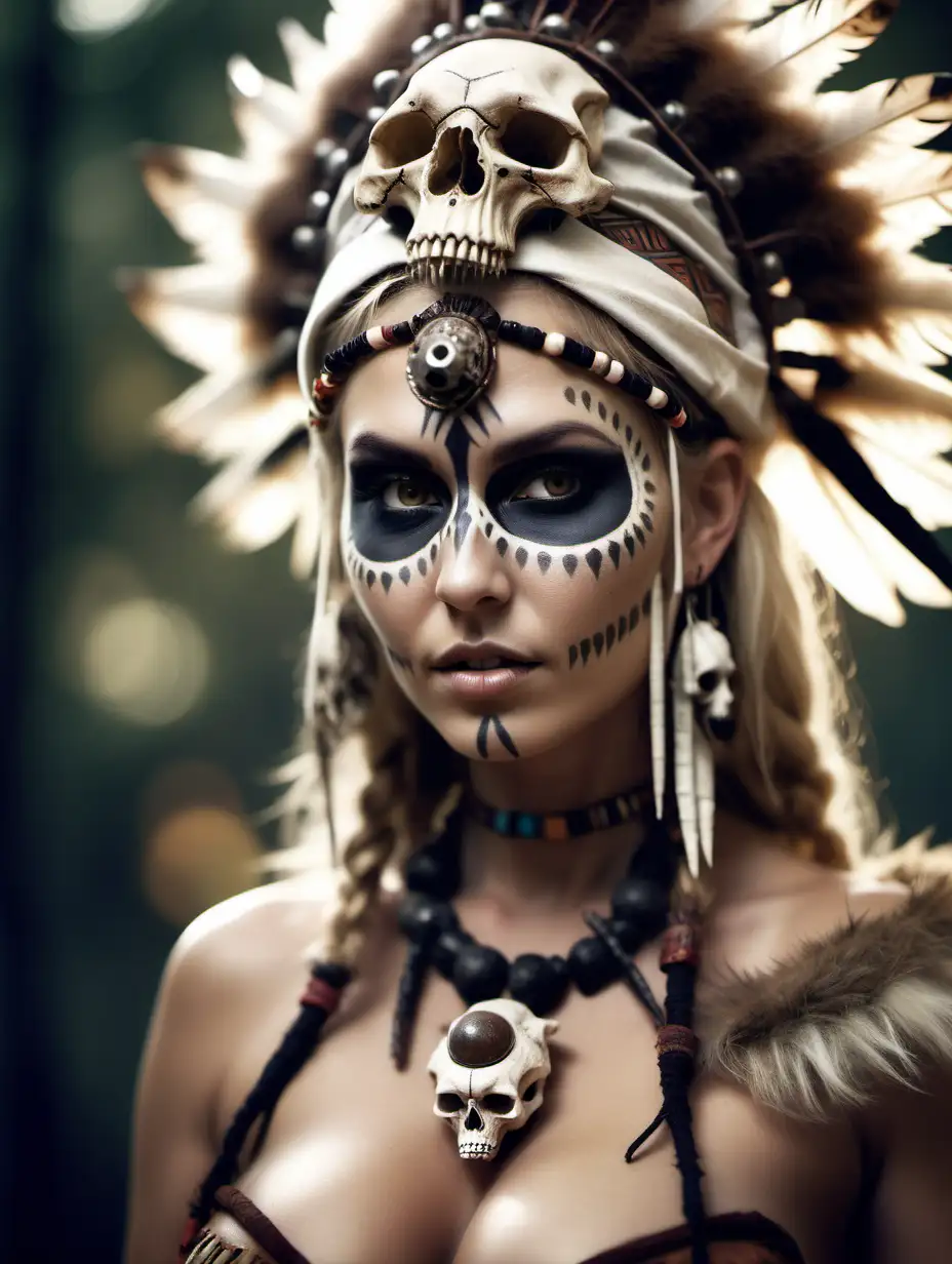 Beautiful Nordic woman, very attractive face, detailed eyes, big breasts, slim body, dark eye shadow, dressed as a tribal witch doctor with animal skull headdress, close up, bokeh background, soft light on face, rim lighting, facing away from camera, looking back over her shoulder, photorealistic, very high detail, extra wide photo, full body photo, aerial photo