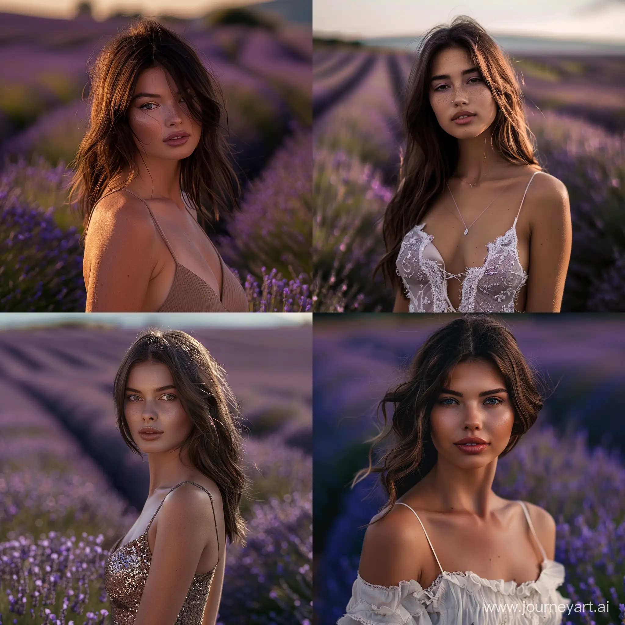 hour glass physique, slim brunette model that dose not exist in real life, standing in a lavender field, slight smirk